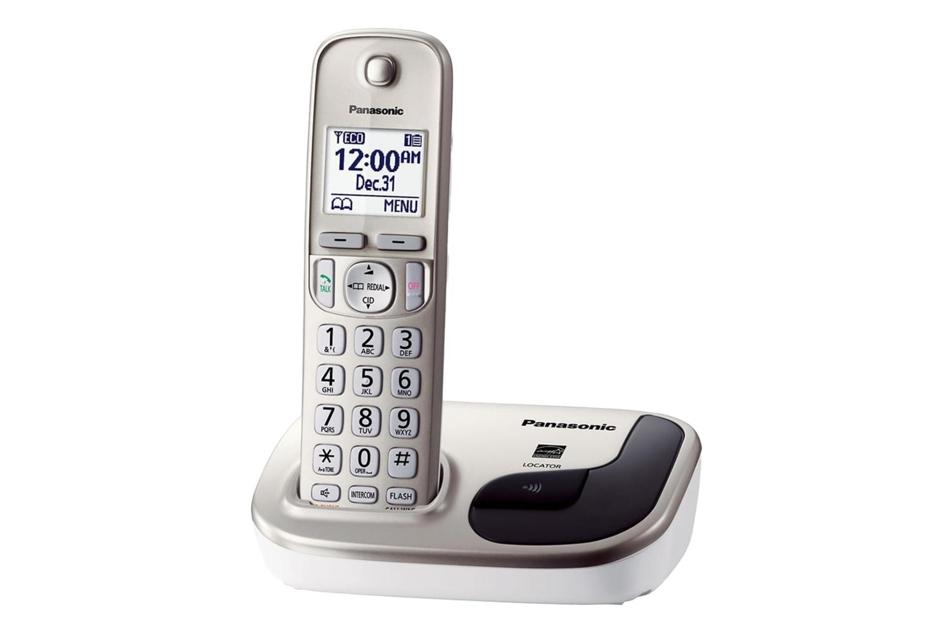 نمای نیمرخ تلفن پاناسونیک KX-TGD210 با نمایش پایه و گوشی بی سیم رنگ نقره‌ای