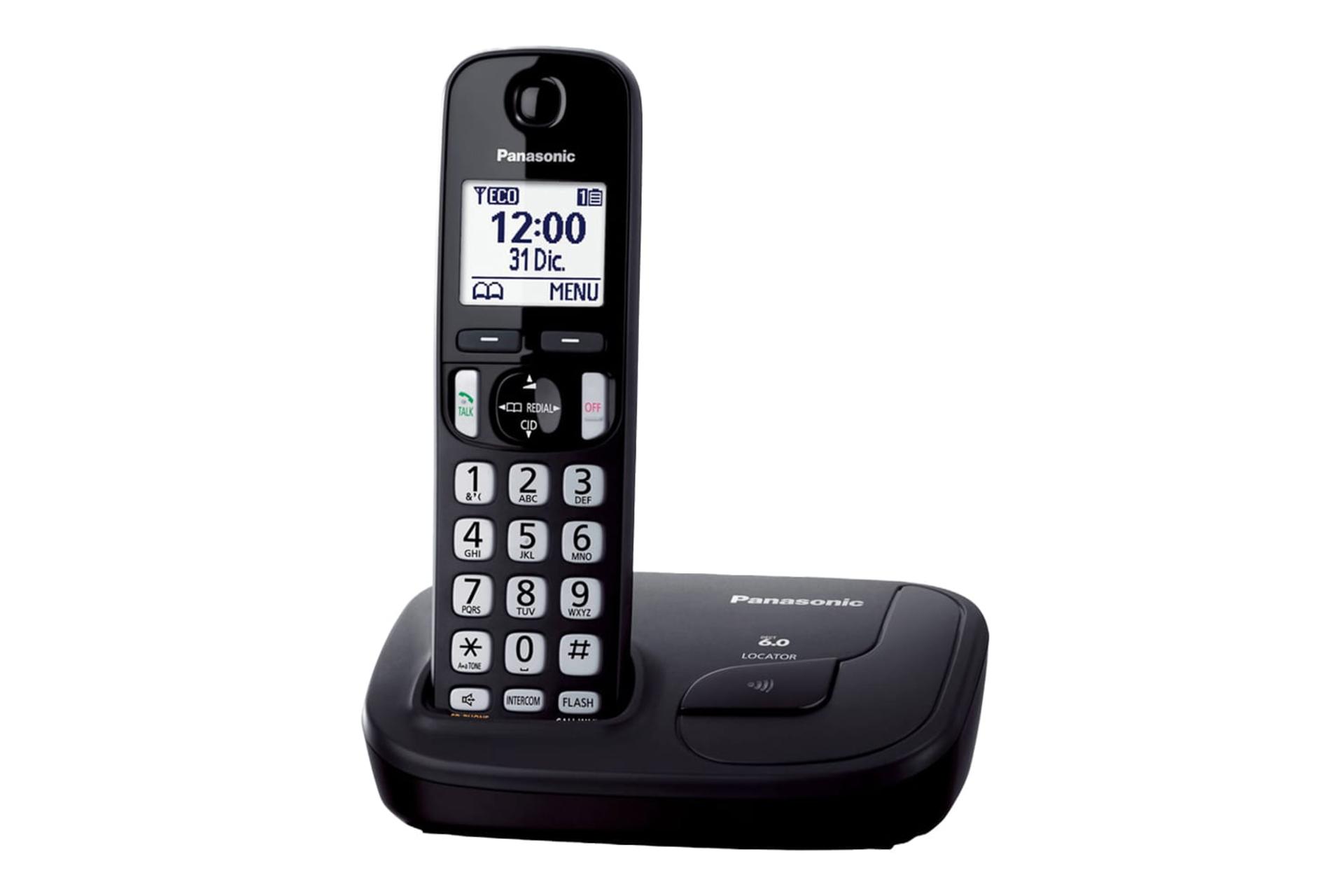 نمای نیمرخ تلفن پاناسونیک KX-TGD210 با نمایش پایه و گوشی بی سیم رنگ مشکی