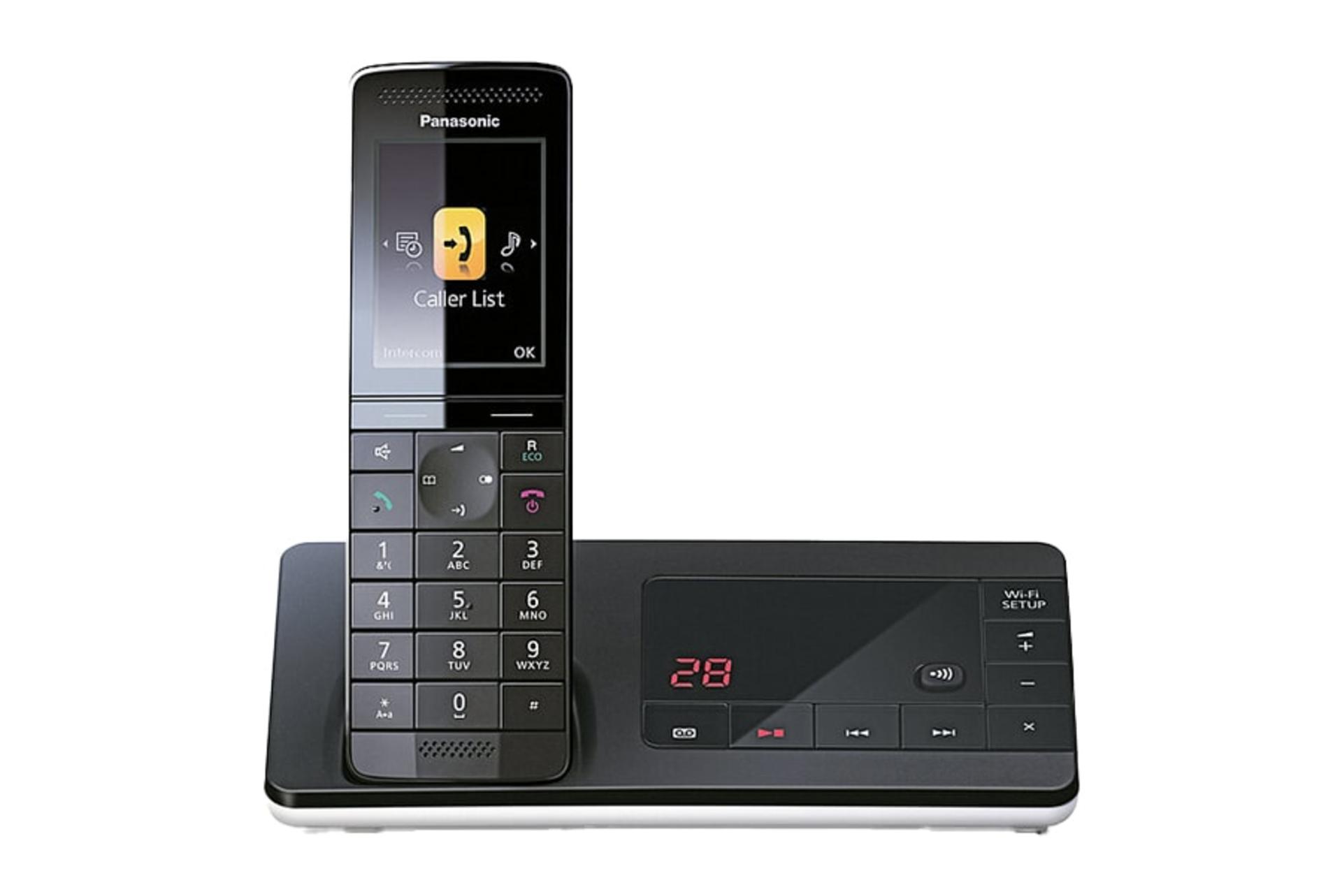 نمای رو به روی تلفن پاناسونیک KX-PRW130 با نمایش پایه اصلی و گوشی بی سیم