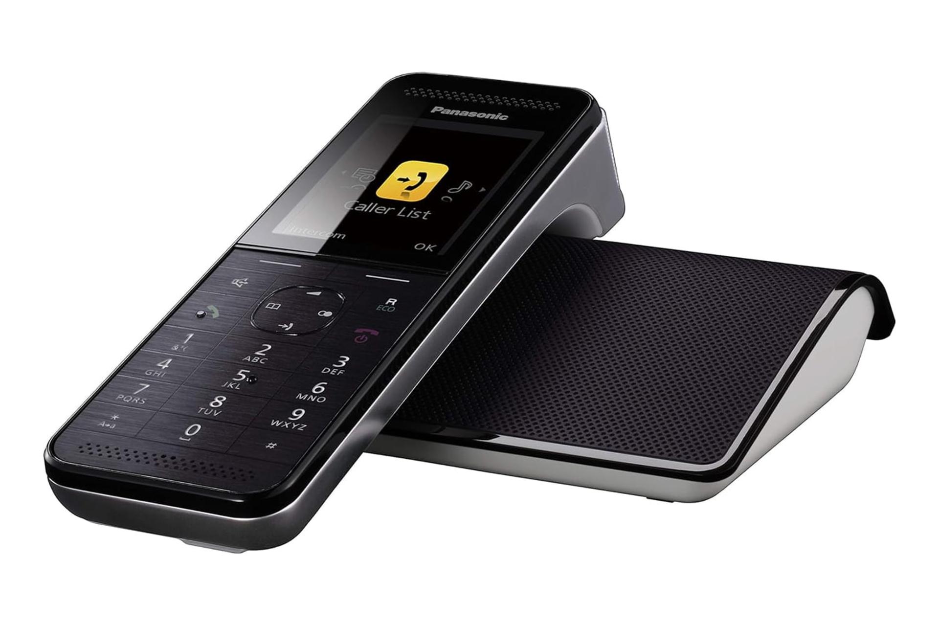 نمای نیمرخ تلفن پاناسونیک KX-PRW120 با نمایش لبه سمت راست پایه اصلی و گوشی بی سیم