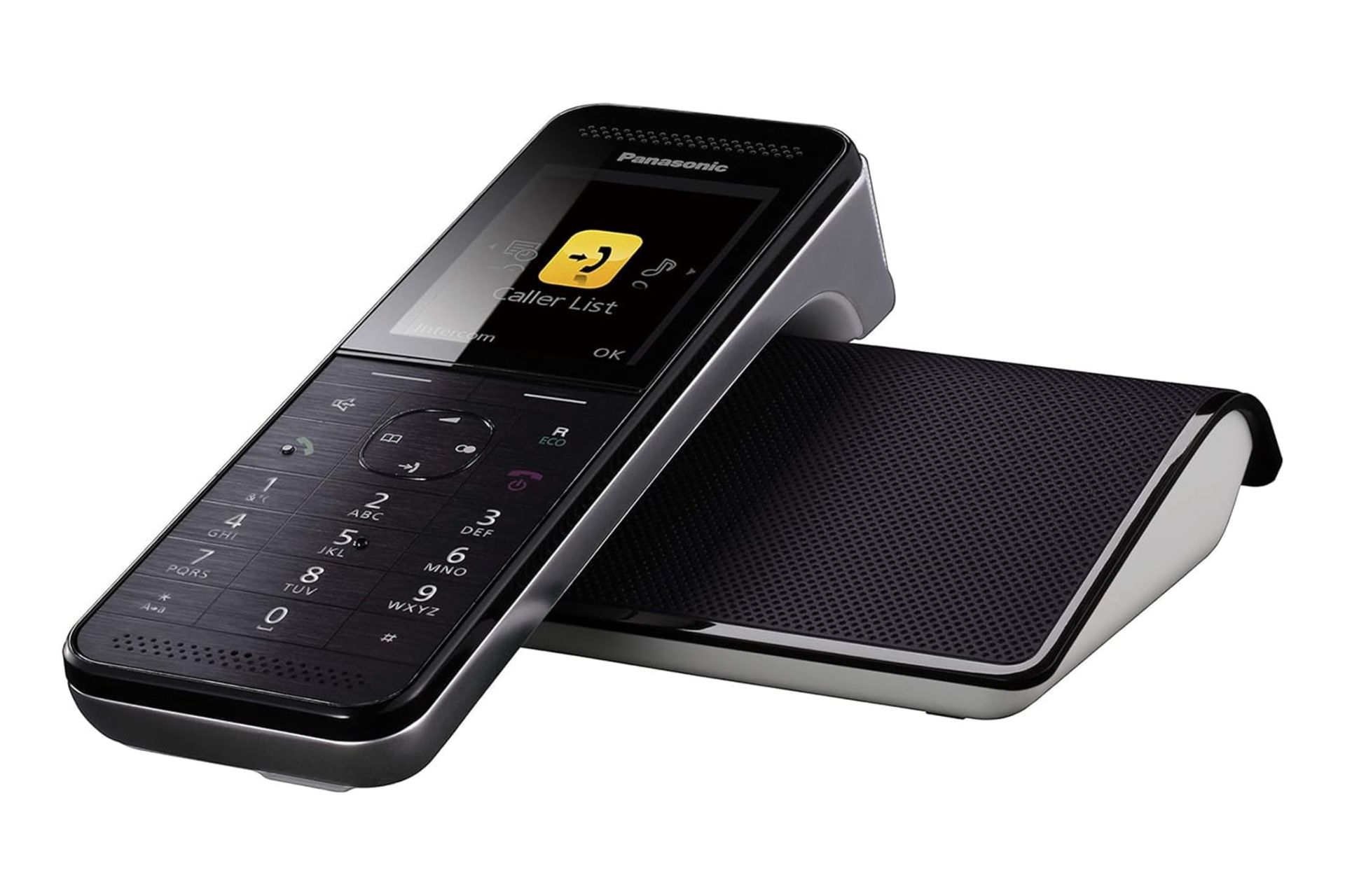 نمای نیمرخ تلفن پاناسونیک KX-PRW120 با نمایش لبه سمت راست پایه اصلی و گوشی بی سیم