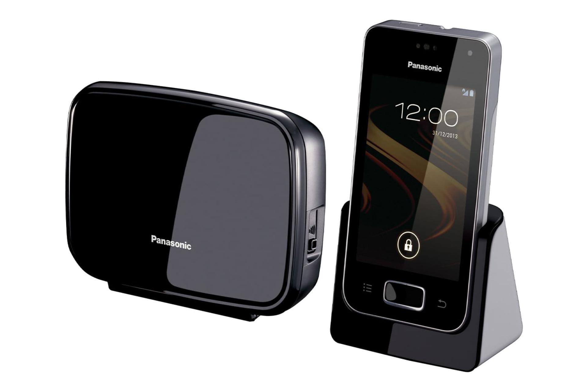 نمای نیمرخ تلفن پاناسونیک KX-PRX120 با نمایش پایه اصلی، پایه متحرک و گوشی بی سیم