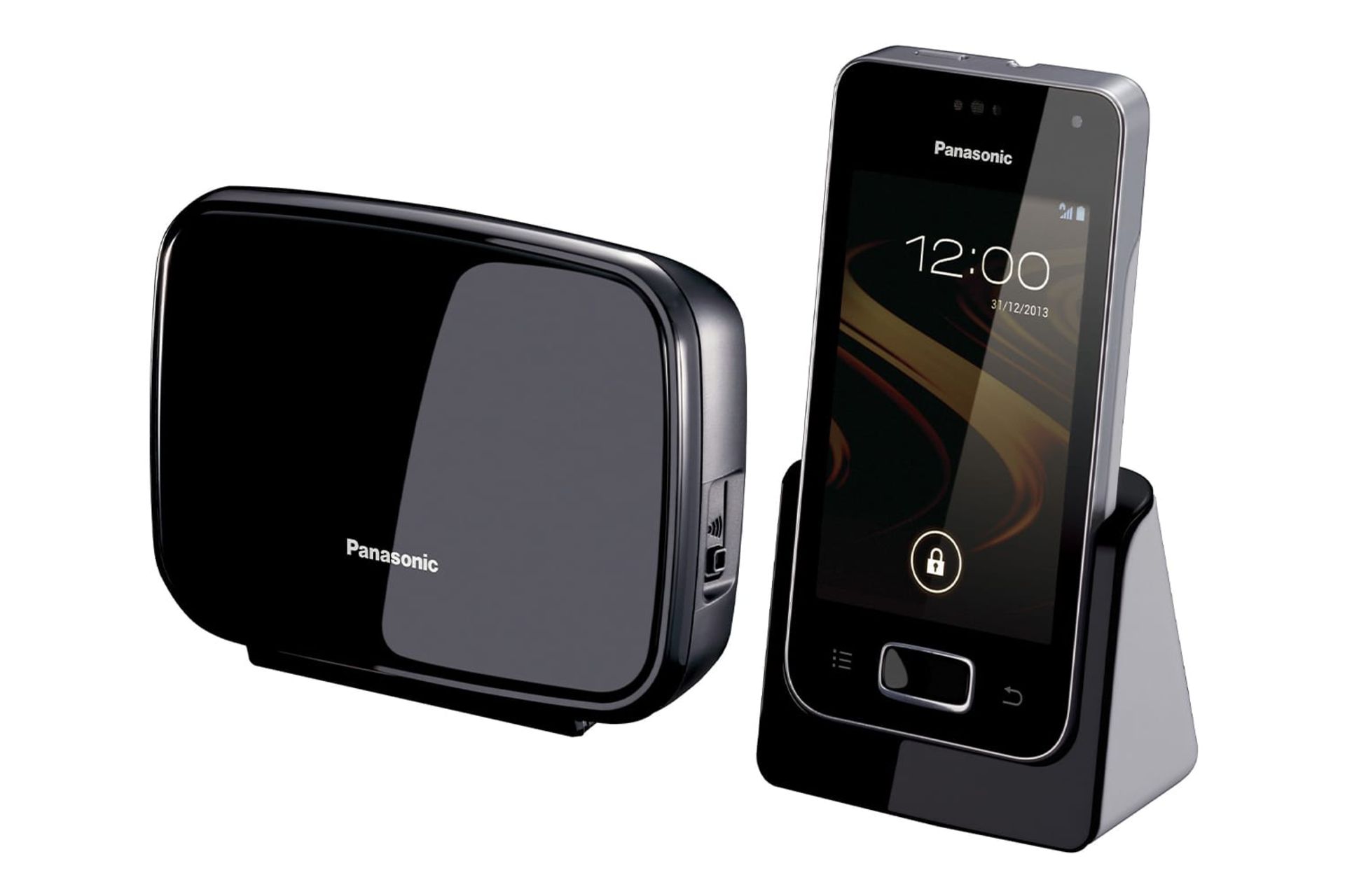 نمای نیمرخ تلفن پاناسونیک KX-PRX120 با نمایش پایه اصلی، پایه متحرک و گوشی بی سیم