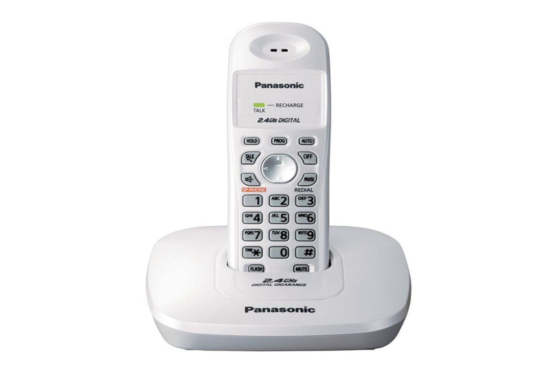 نمای رو به روی تلفن پاناسونیک KX-TG3600 با نمایش پایه اصلی و گوشی بی سیم