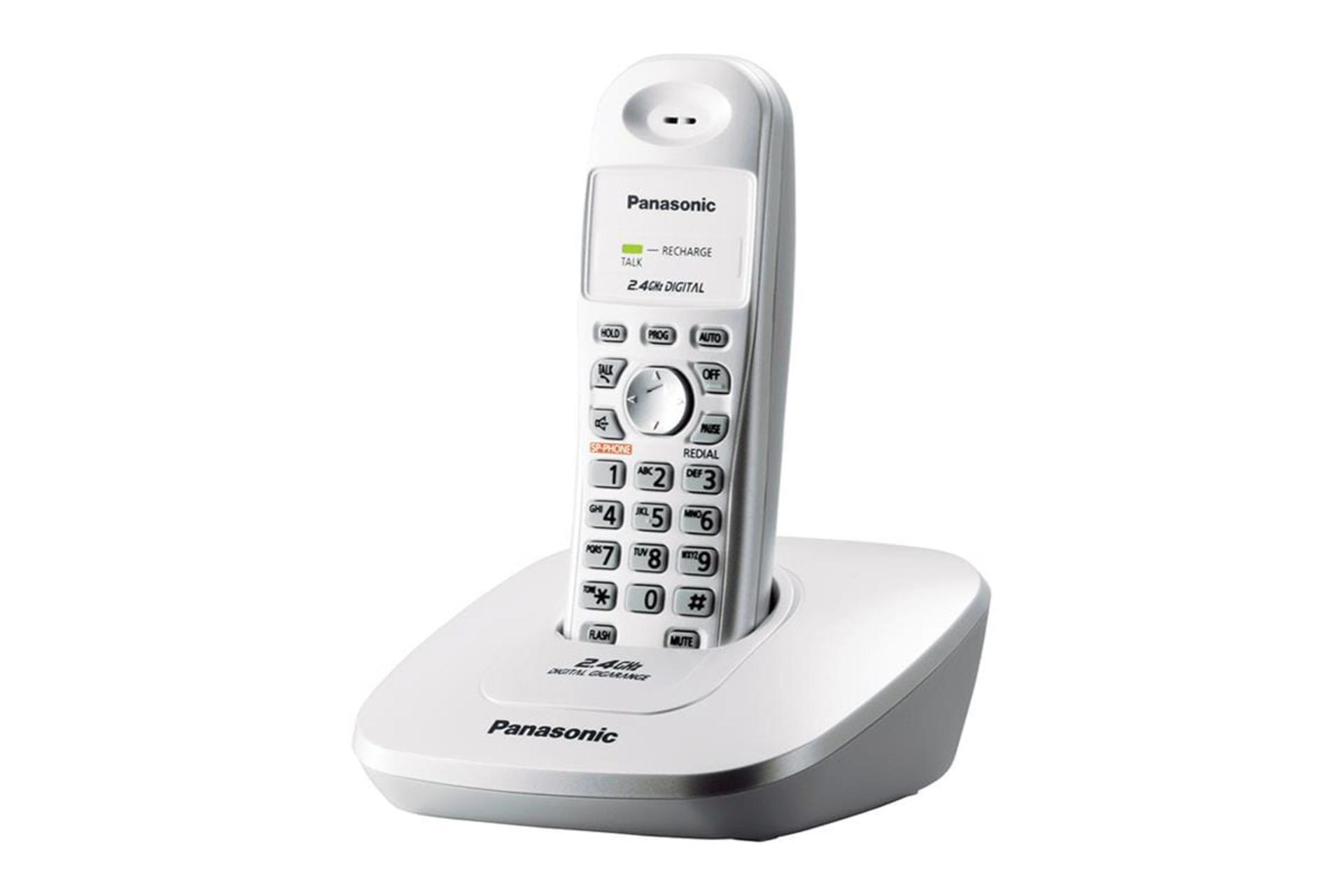 نمای نیمرخ تلفن پاناسونیک KX-TG3600 با نمایش لبه سمت راست پایه اصلی و گوشی بی سیم