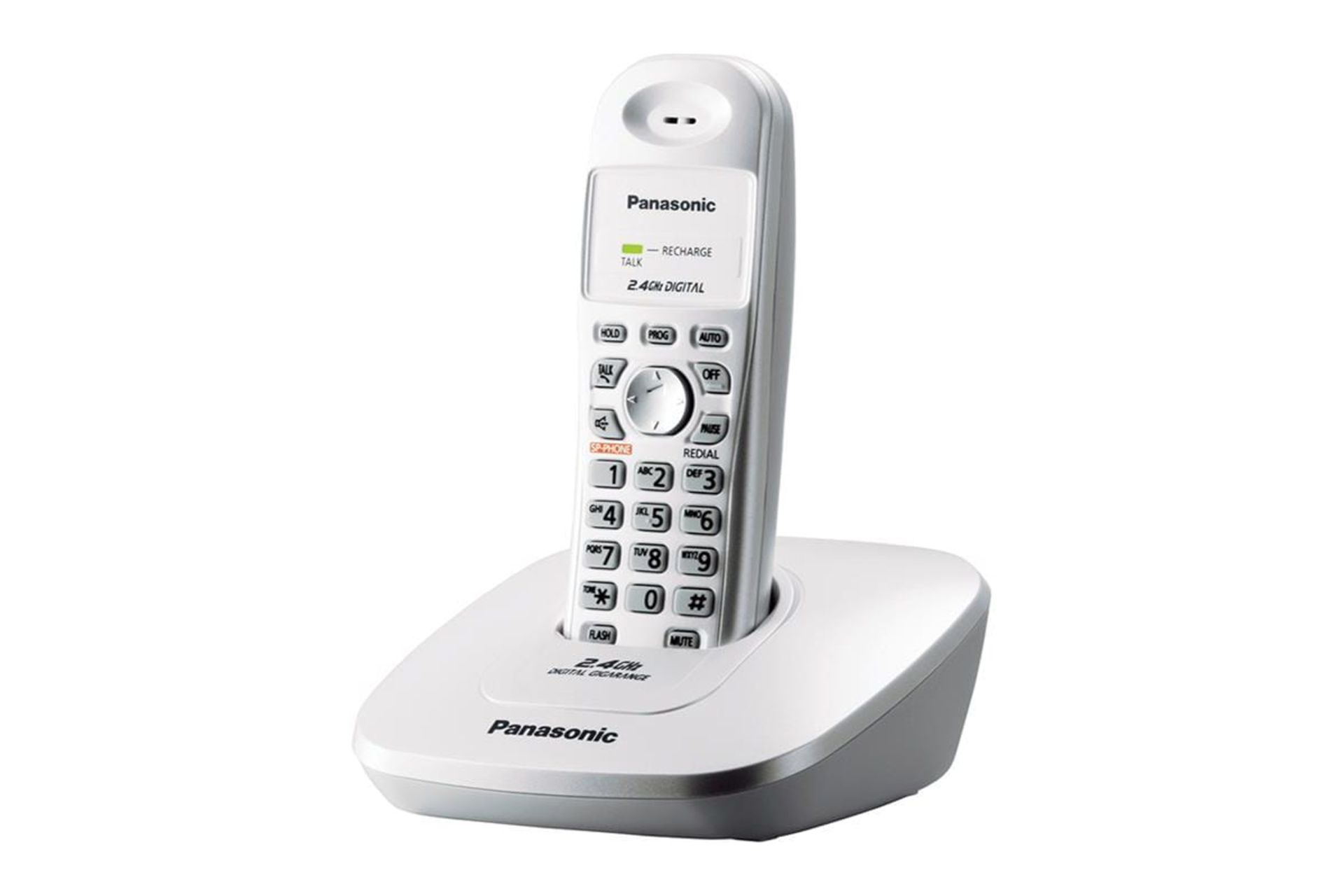 نمای نیمرخ تلفن پاناسونیک KX-TG3600 با نمایش لبه سمت راست پایه اصلی و گوشی بی سیم