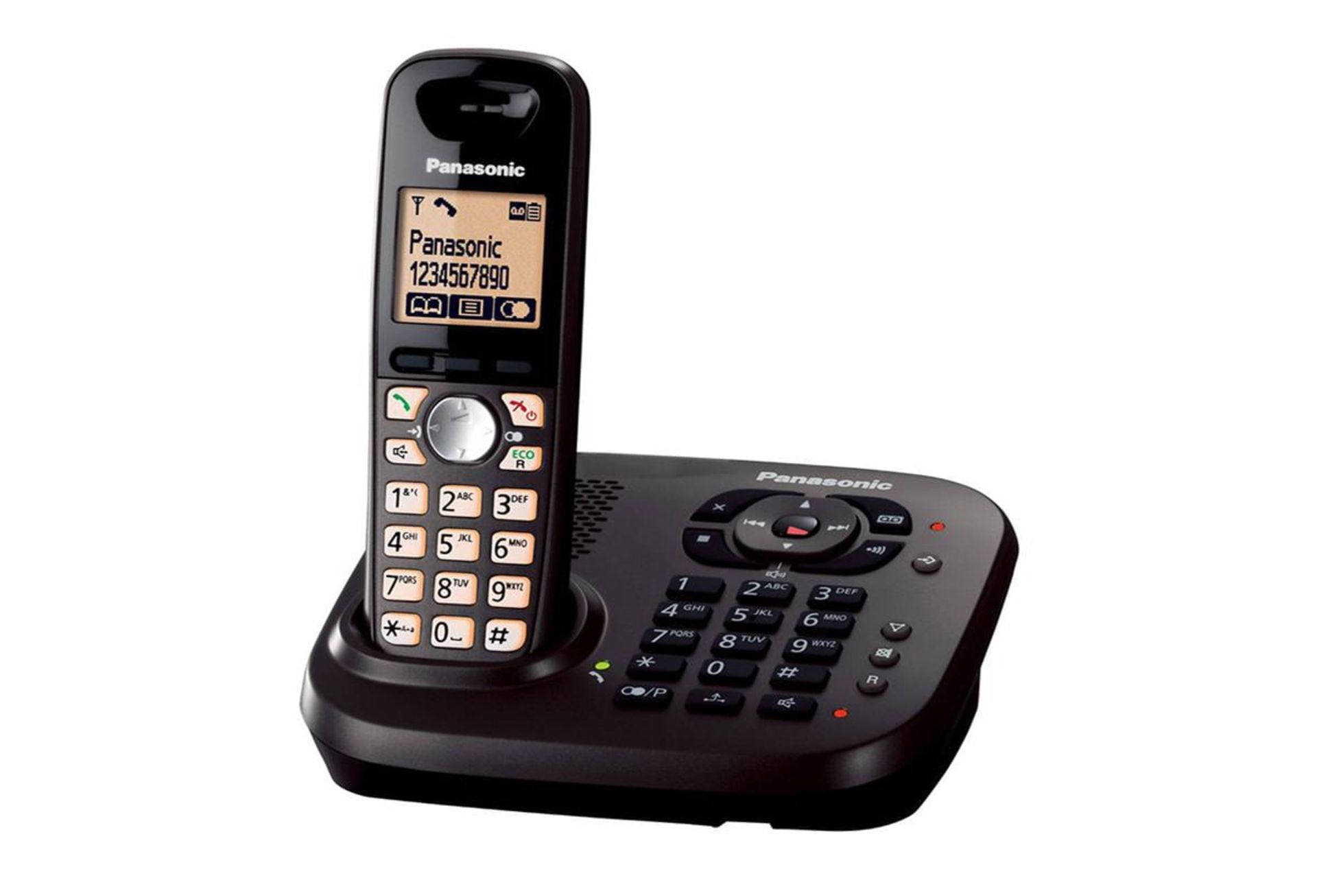 نمای نیمرخ تلفن پاناسونیک KX-TG6561 با نمایش پایه اصلی و گوشی بی سیم رنگ مشکی