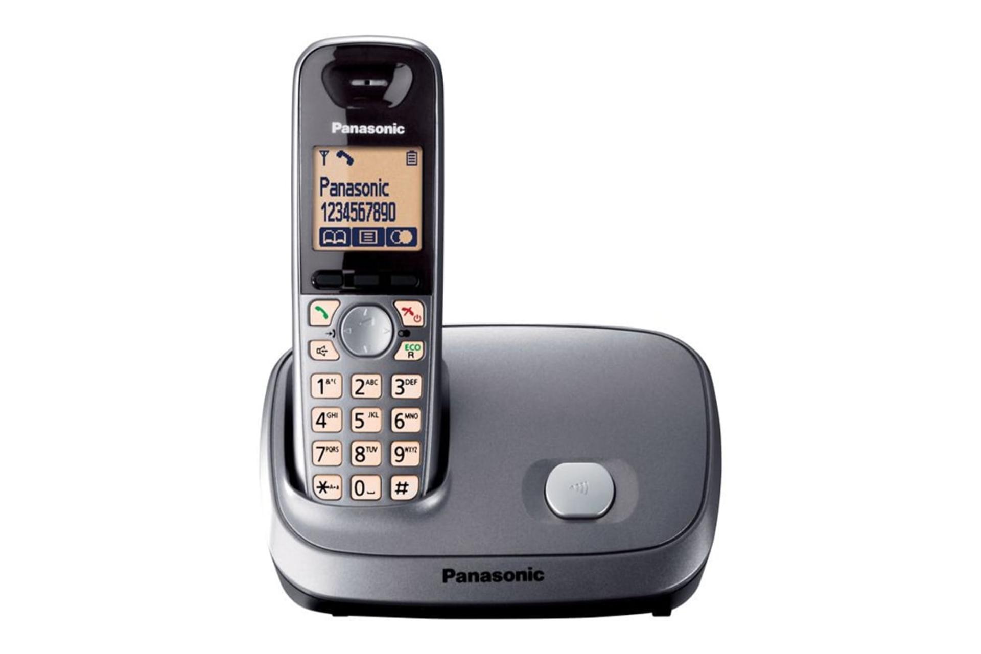 نمای رو به روی تلفن پاناسونیک KX-TG6511 با نمایش پایه اصلی و گوشی بی سیم