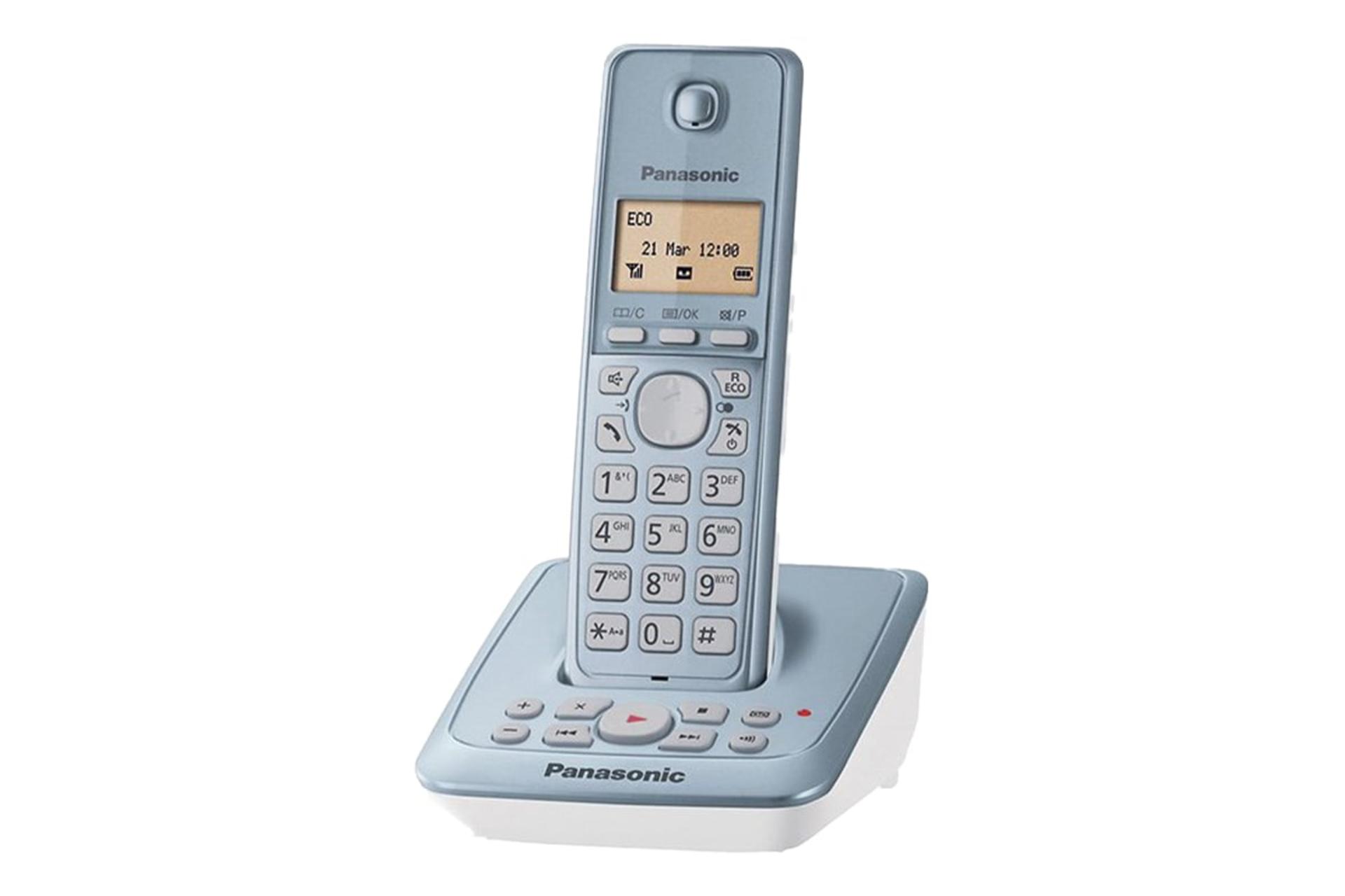 نمای نیمرخ تلفن پاناسونیک KX-TG2721 با نمایش پایه اصلی و گوشی بی سیم رنگ آبی روشن