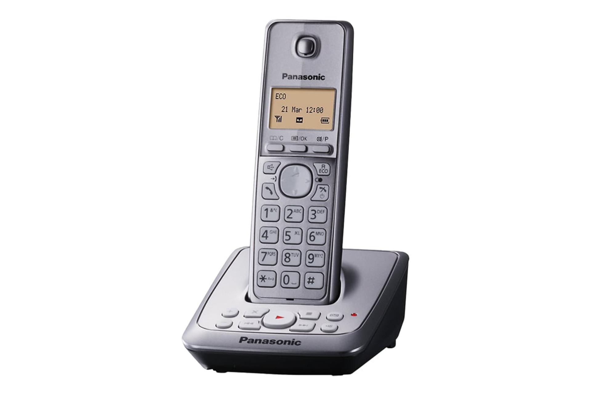 نمای نیمرخ تلفن پاناسونیک KX-TG2721 با نمایش پایه اصلی و گوشی بی سیم رنگ نقره ای