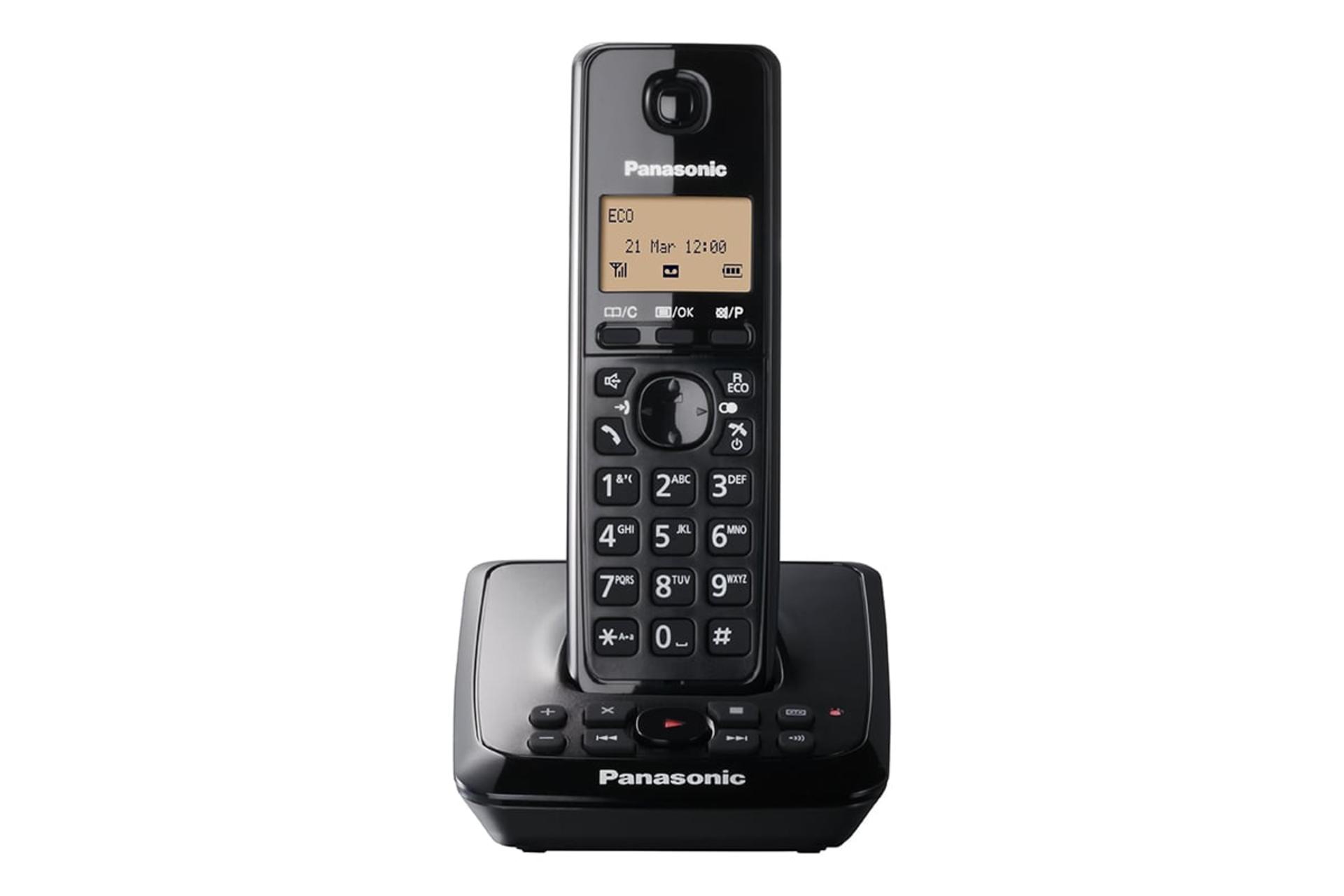 نمای رو به روی تلفن پاناسونیک KX-TG2721 با نمایش پایه اصلی و گوشی بی سیم رنگ مشکی