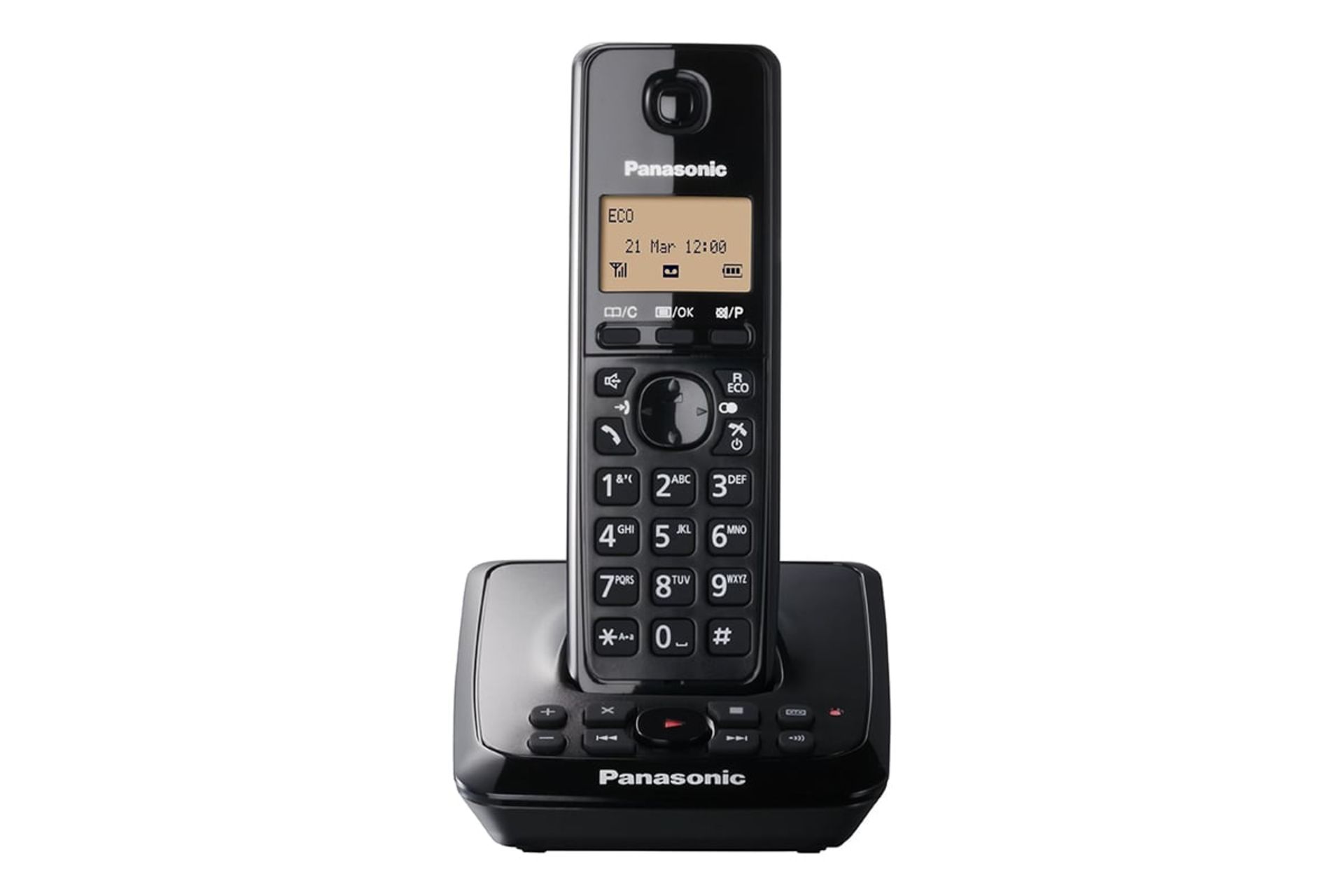 نمای رو به روی تلفن پاناسونیک KX-TG2721 با نمایش پایه اصلی و گوشی بی سیم رنگ مشکی