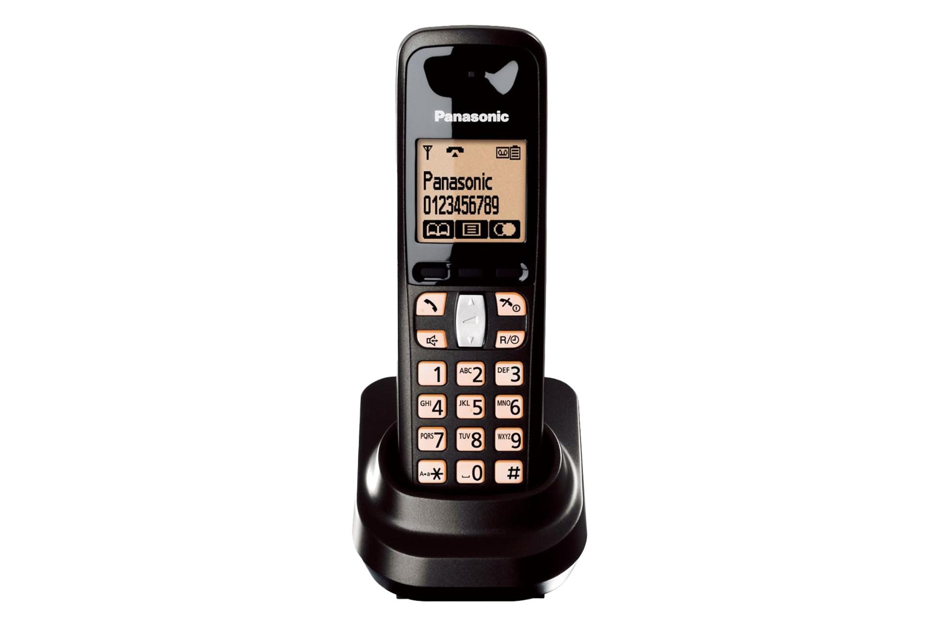 نمای رو به روی تلفن پاناسونیک KX-TG6461 با نمایش پایه متحرک و گوشی بی سیم