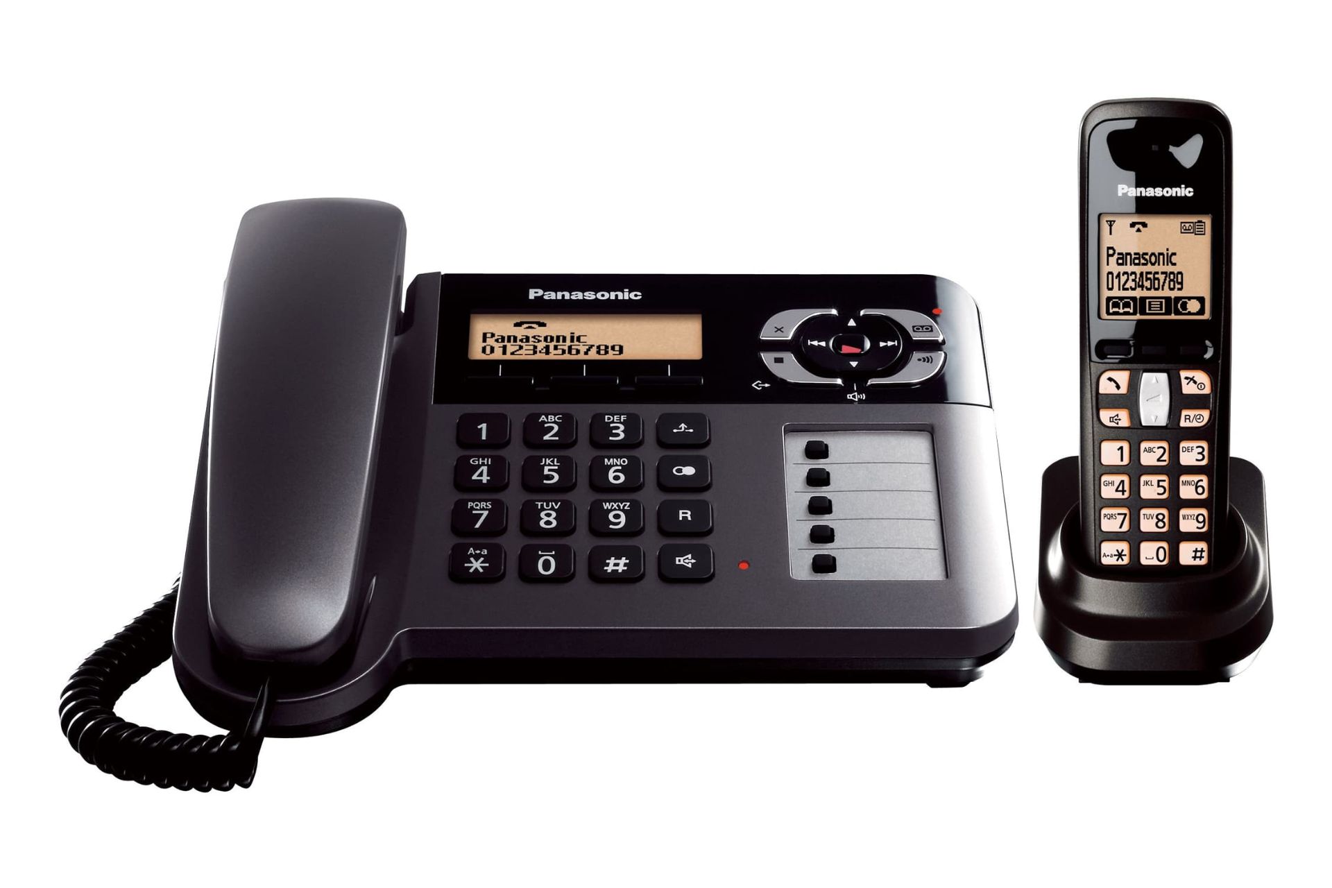 نمای رو به روی تلفن پاناسونیک KX-TG6461 با نمایش پایه اصلی و گوشی بی سیم