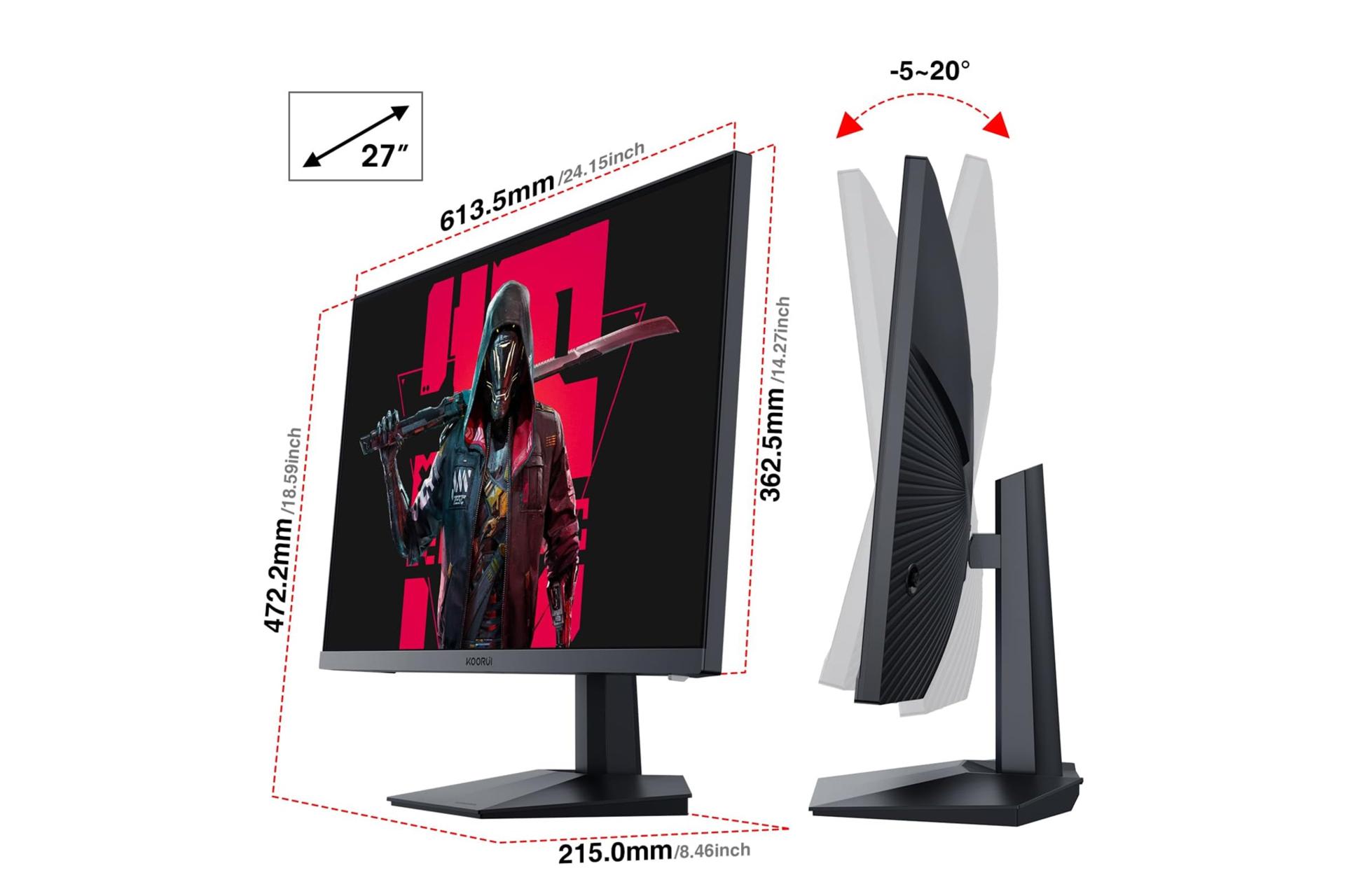 ابعاد و اندازه مانیتور کووری 27 اینچ مدل GN02