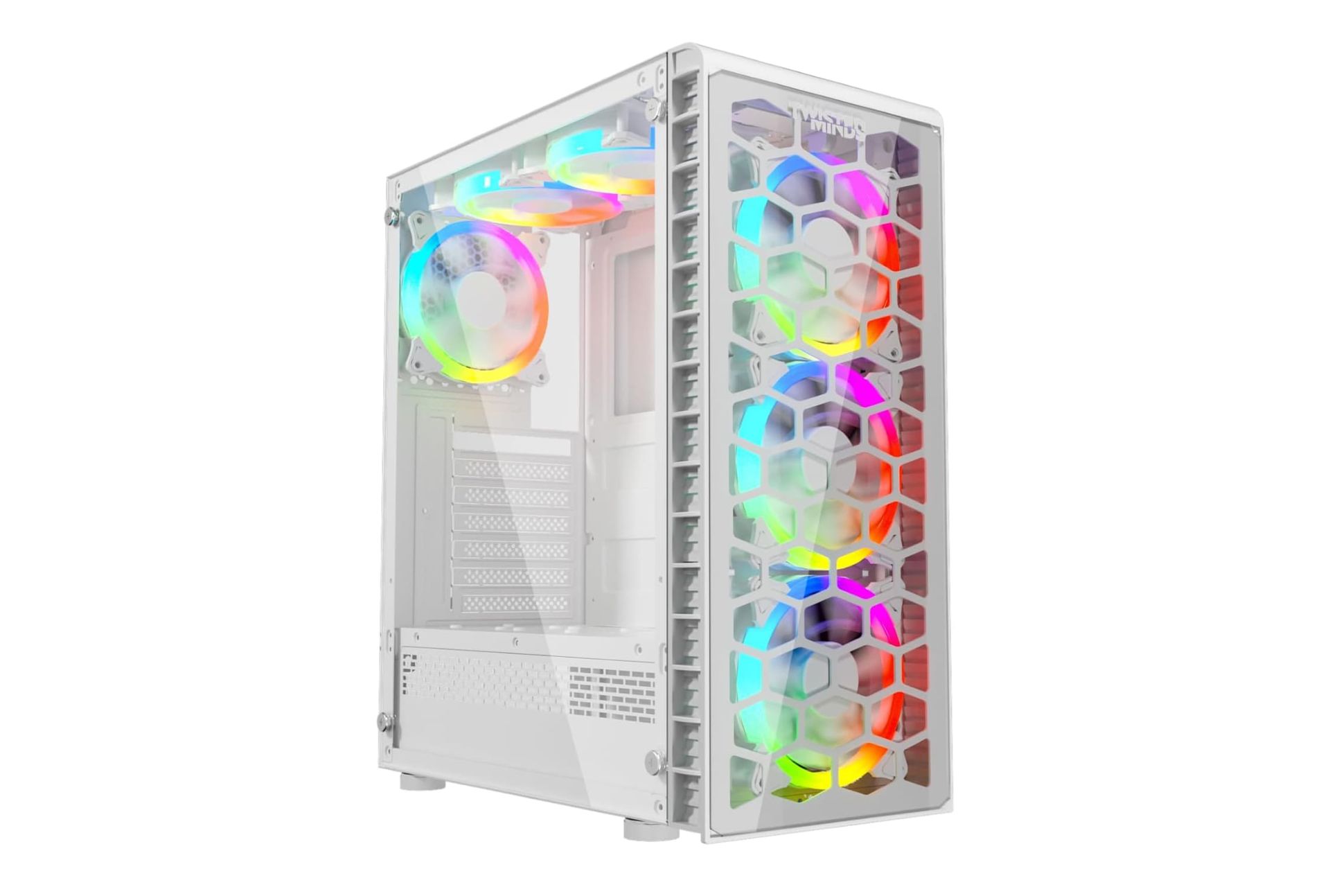 نمای نیمرخ کیس کامپیوتر تویستد مایندز Killstreak-03 با نمایش پنل جلو و سمت چپ رنگ سفید