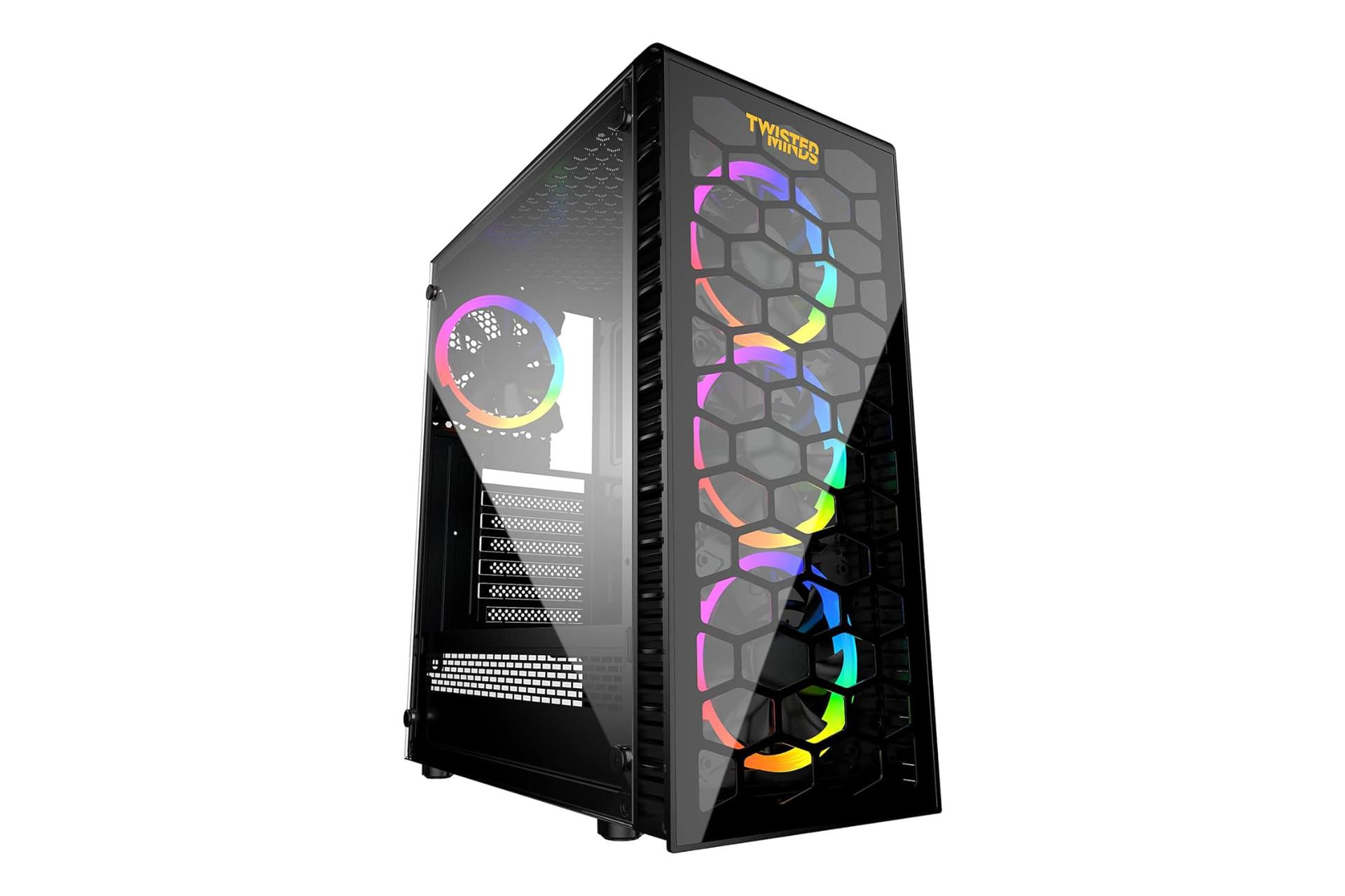 نمای نیمرخ کیس کامپیوتر تویستد مایندز Killstreak-03 با نمایش پنل جلو و سمت چپ رنگ مشکی