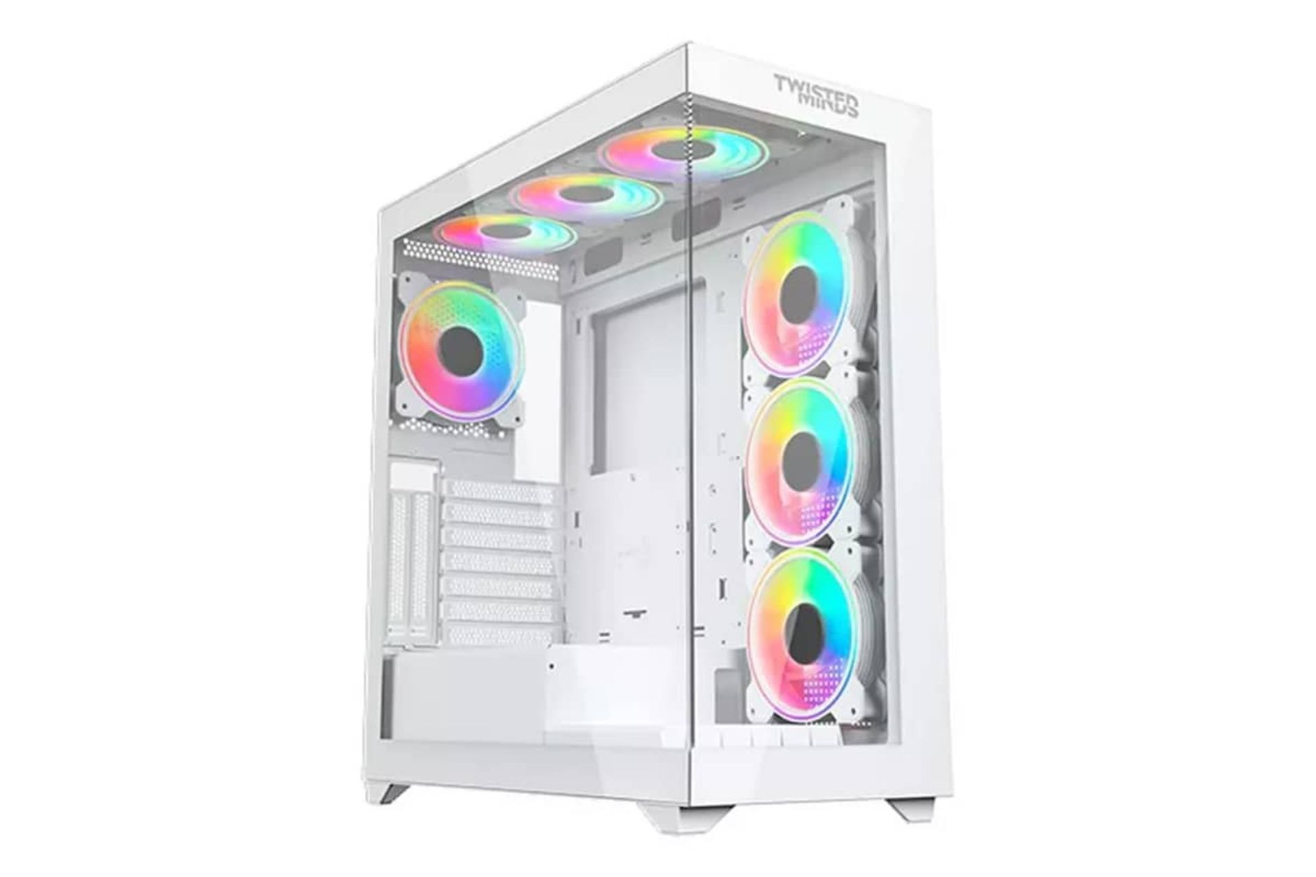 نمای نیمرخ کیس کامپیوتر تویستد مایندز Quantum با نمایش پنل جلو و سمت چپ رنگ سفید
