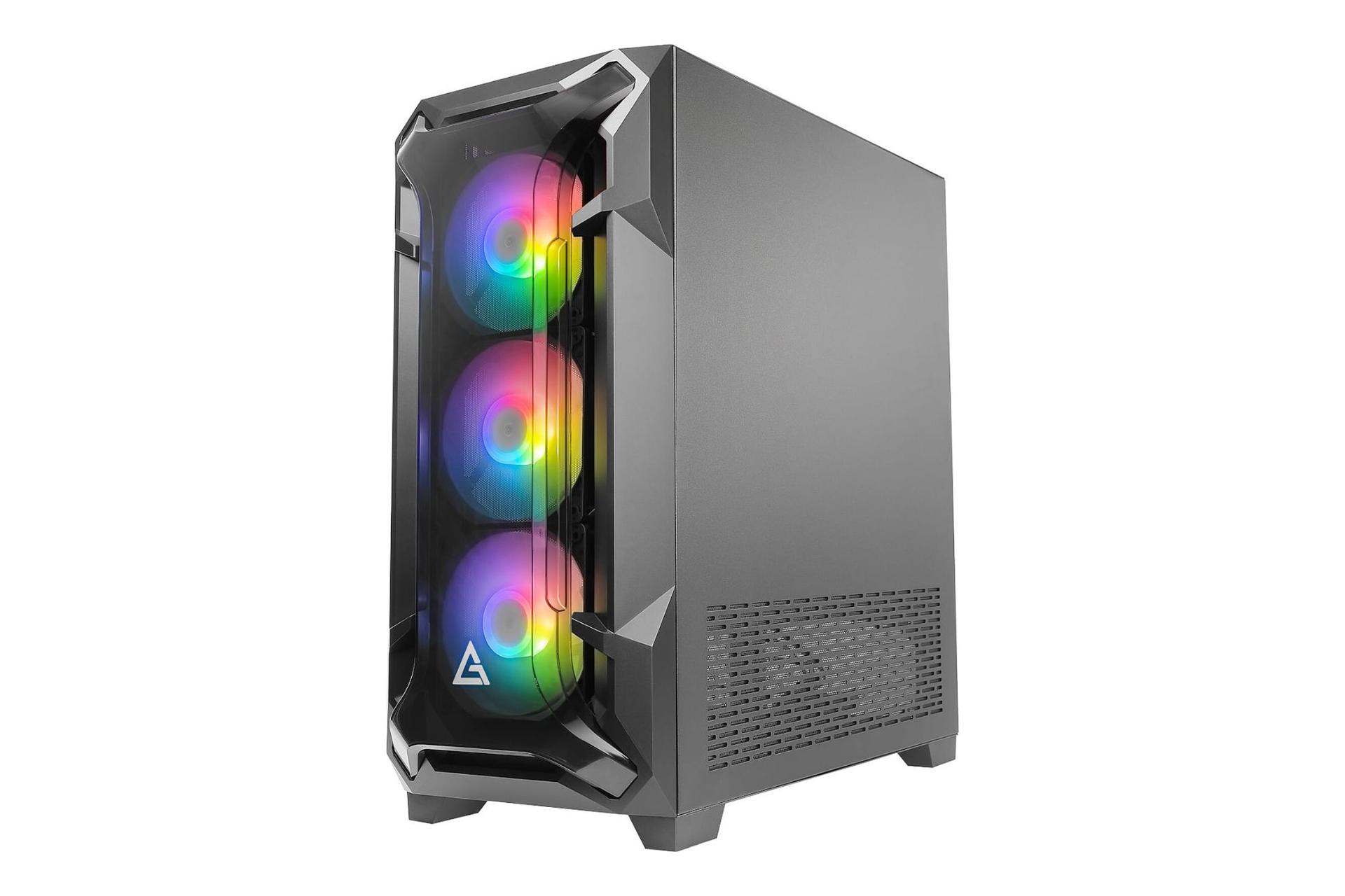 نمای نیمرخ کیس کامپیوتر انتک DF600 FLUX با نمایش پنل جلو و سمت راست