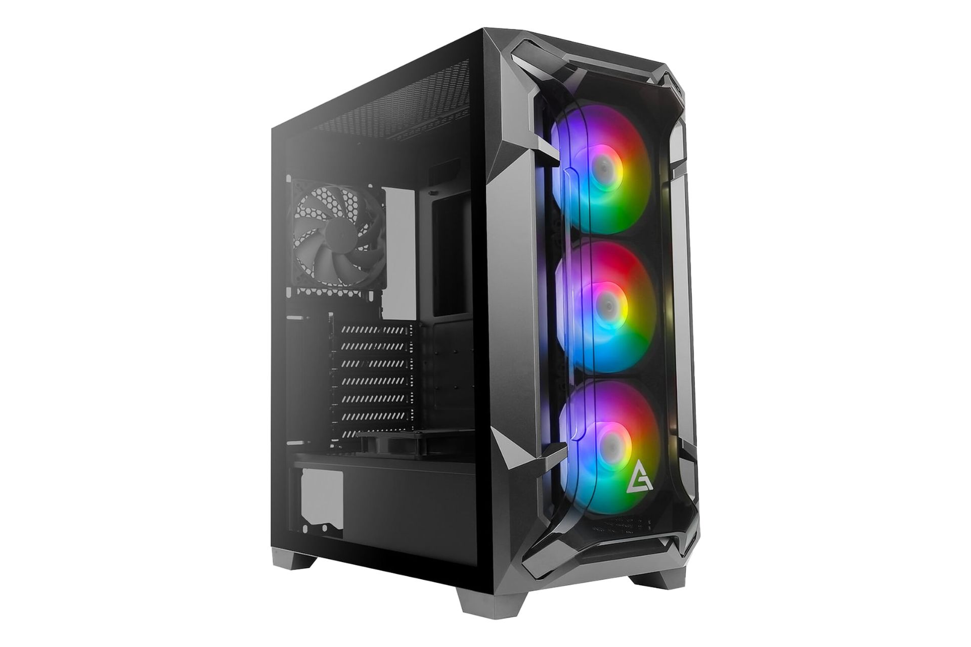 نمای نیمرخ کیس کامپیوتر انتک DF600 FLUX با نمایش پنل جلو و سمت چپ