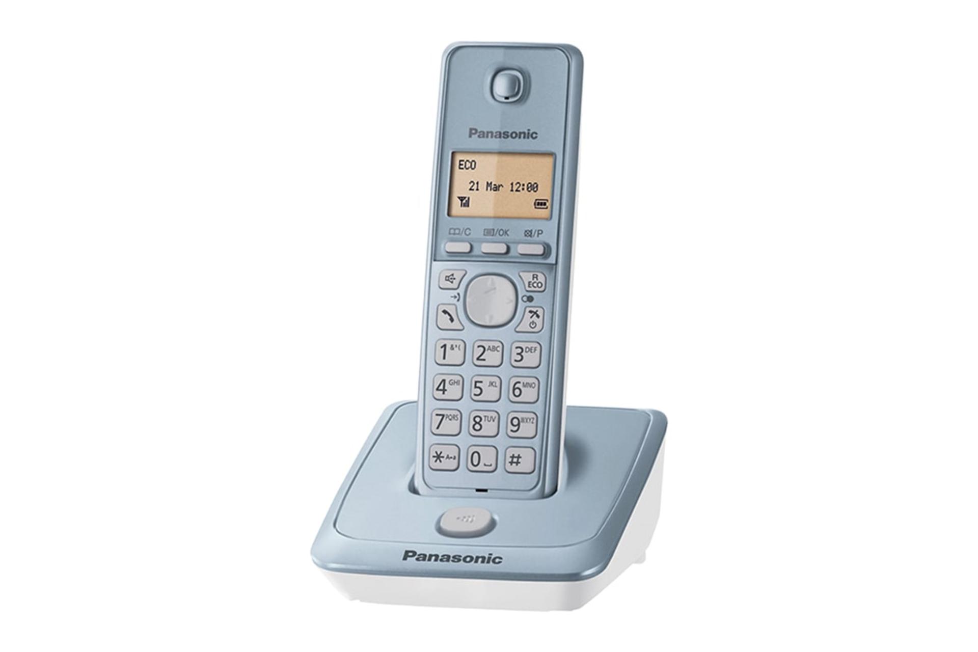 نمای نیمرخ تلفن پاناسونیک KX-TG2711 با نمایش پایه اصلی و گوشی بی سیم رنگ آبی روشن