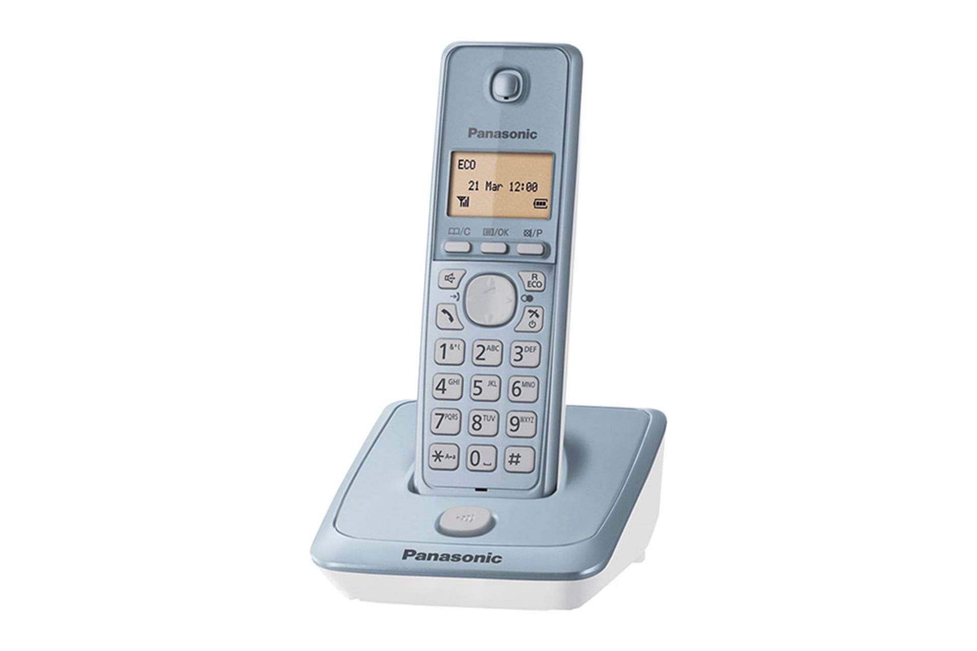 نمای نیمرخ تلفن پاناسونیک KX-TG2711 با نمایش پایه اصلی و گوشی بی سیم رنگ آبی روشن