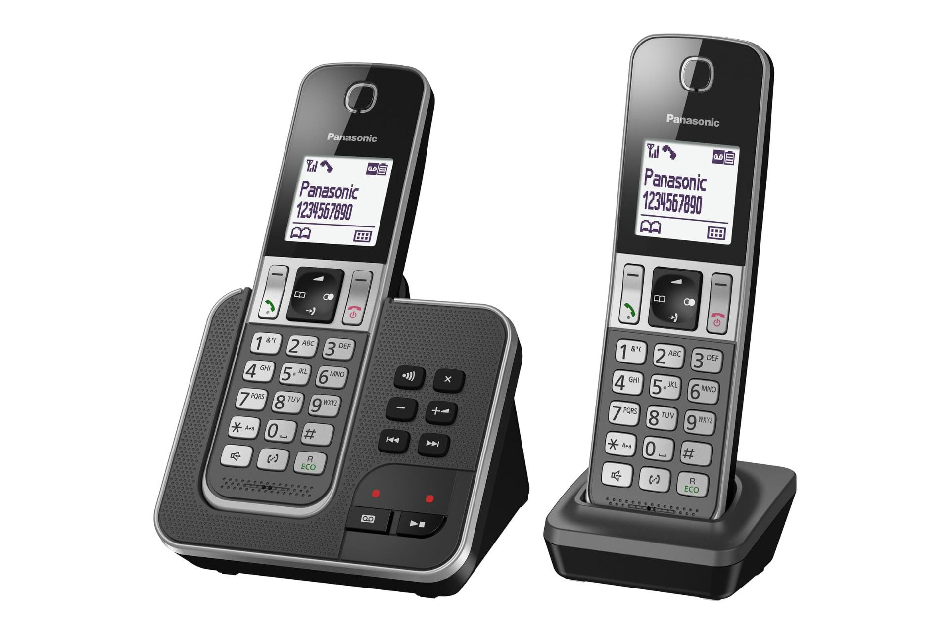نمای نیمرخ تلفن پاناسونیک KX-TGD322 با نمایش پایه اصلی، پایه متحرک و گوشی بی سیم رنگ خاکستری