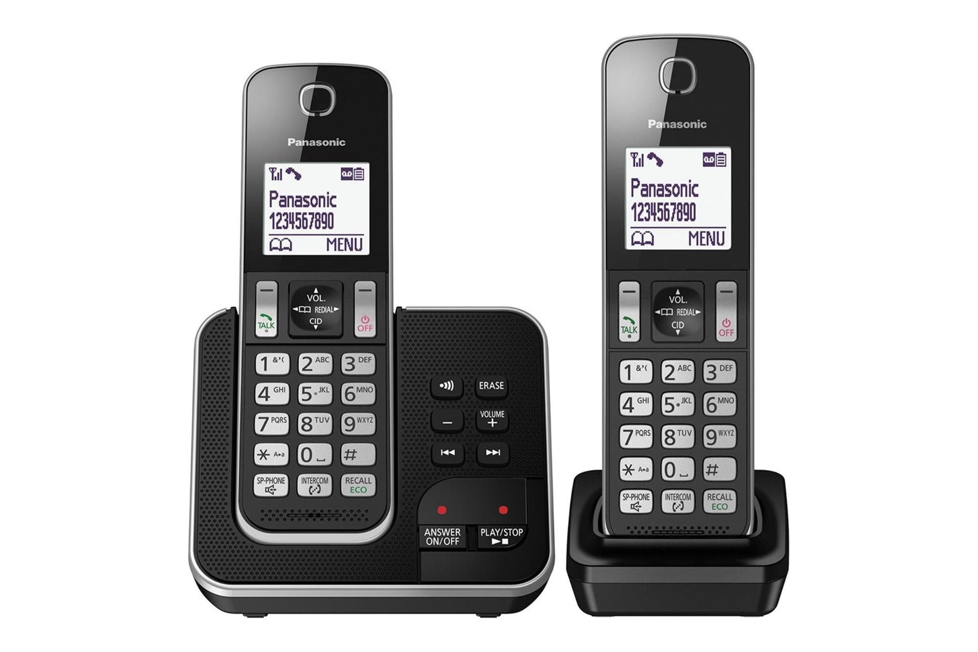 نمای رو به روی تلفن پاناسونیک KX-TGD322 با نمایش پایه اصلی، پایه متحرک و گوشی بی سیم رنگ مشکی