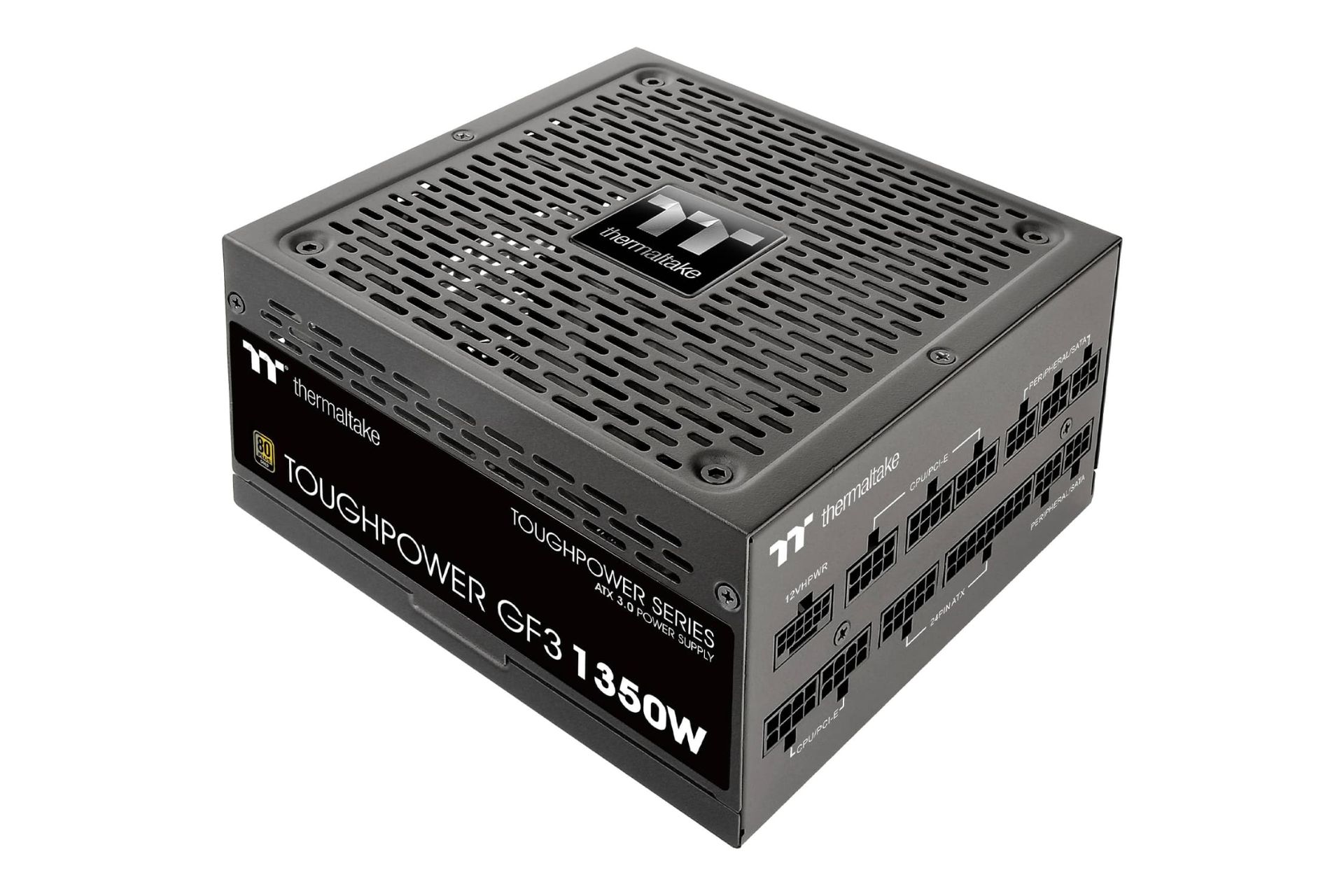 نمای نیمرخ پاور کامپیوتر ترمالتیک Toughpower GF3 با توان 1350 وات با نمایش لوگو، فن و اتصالات