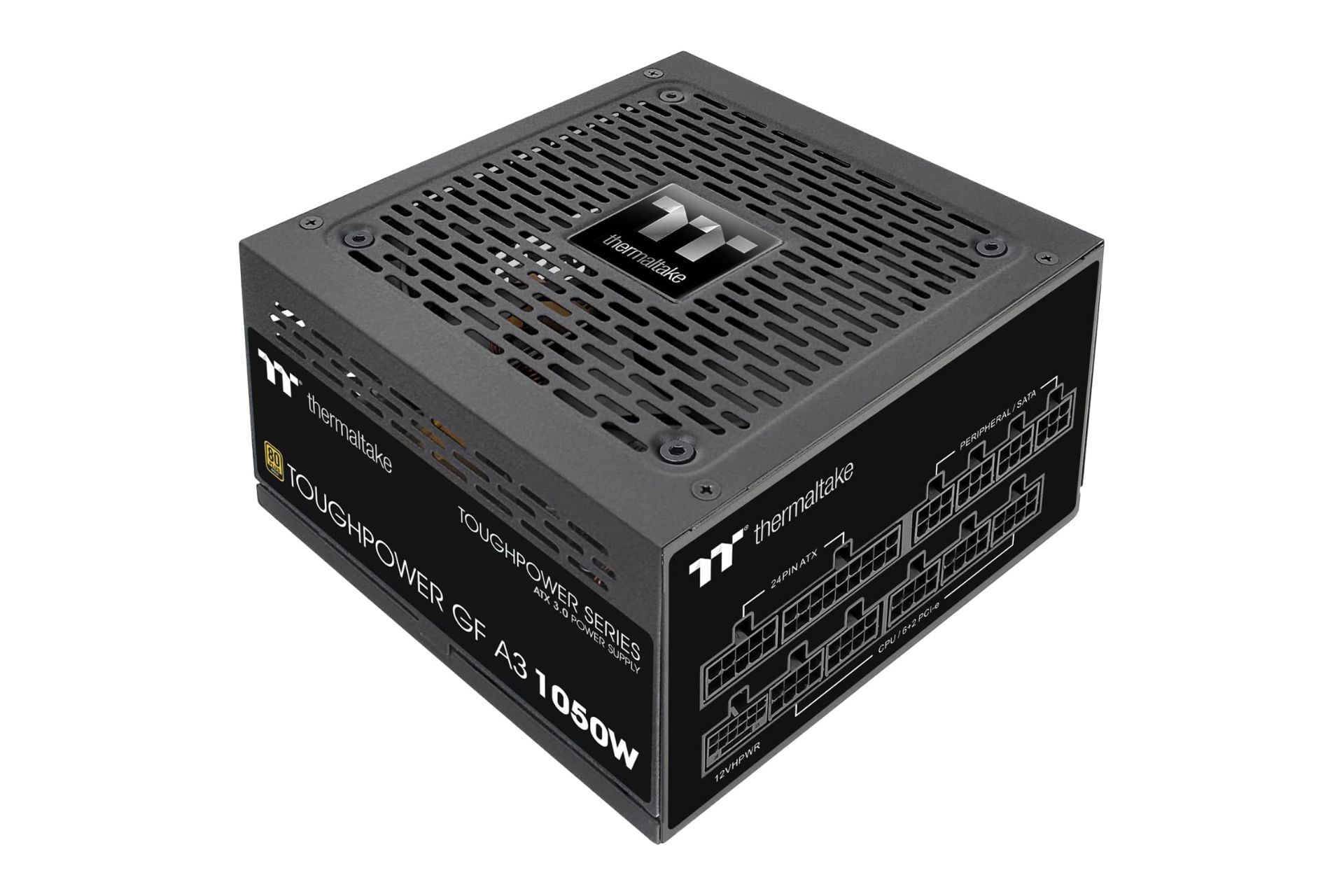 نمای نیمرخ پاور کامپیوتر ترمالتیک Toughpower GF A3 با توان 1050 وات با نمایش لوگو، اتصالات و فن