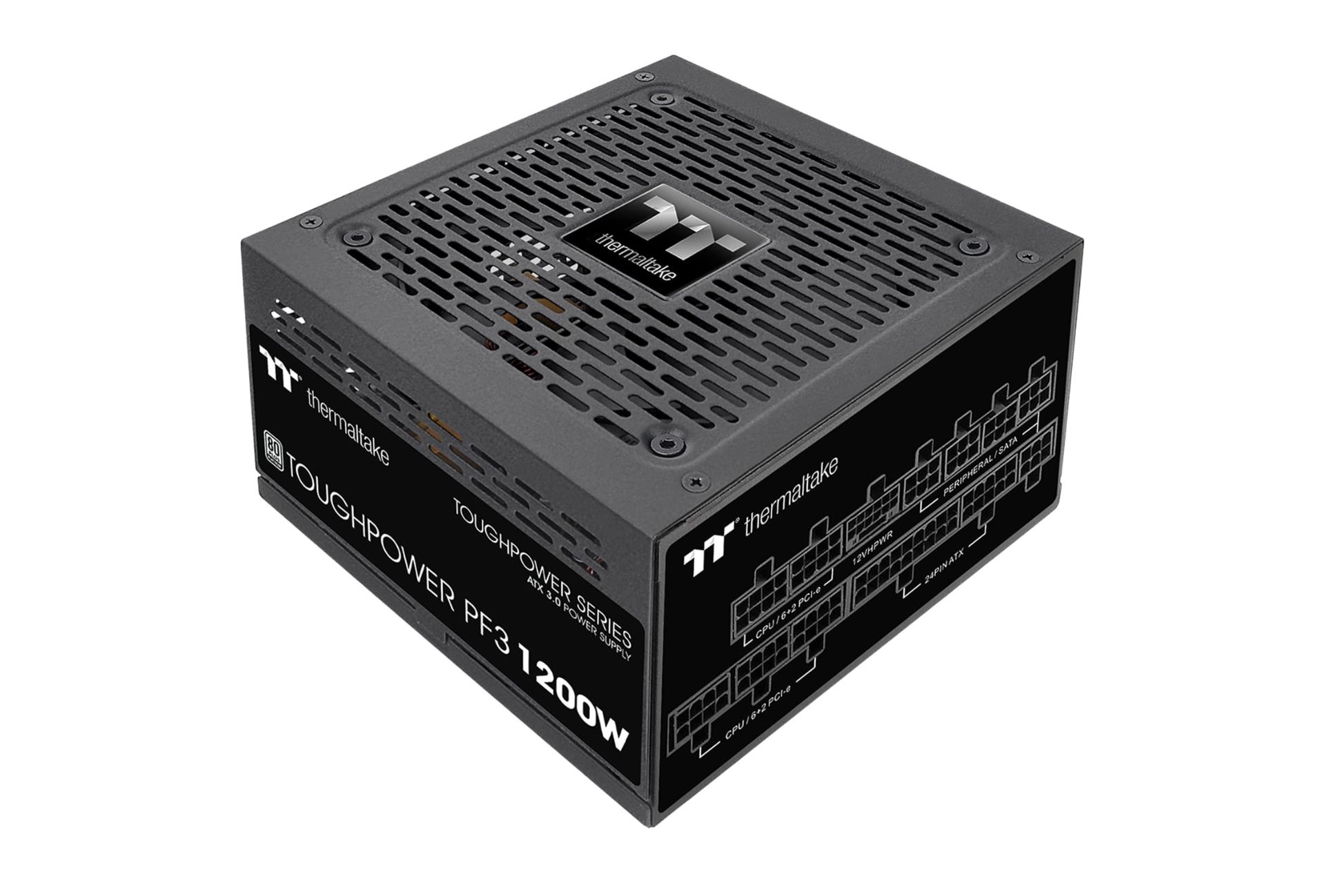 نمای نیمرخ پاور کامپیوتر ترمالتیک Toughpower PF3 با توان 1200 وات با نمایش فن، لوگو و اتصالات