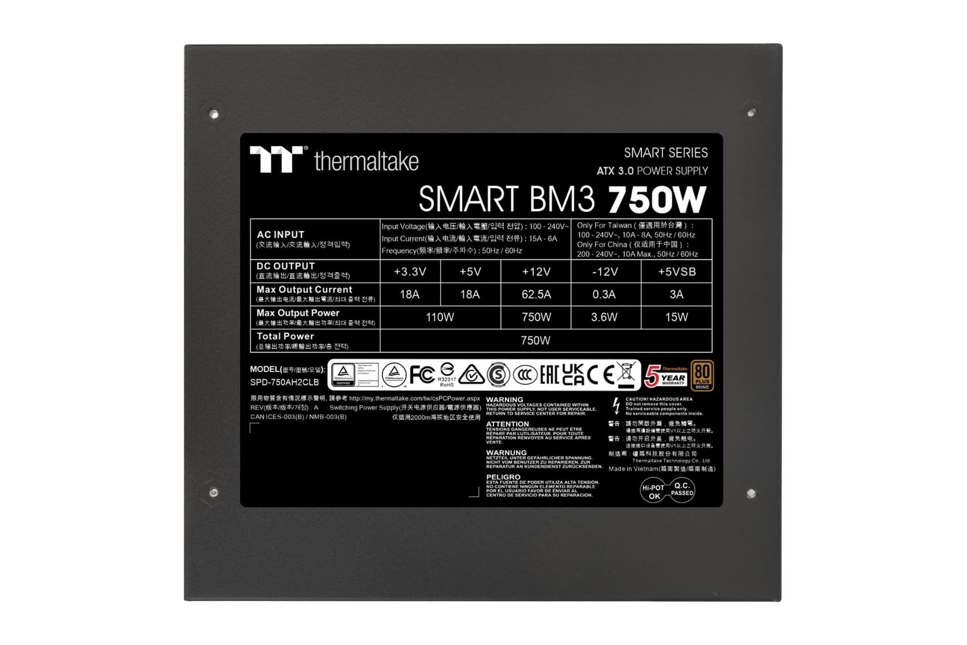 نمای پنل بالای پاور کامپیوتر ترمالتیک Smart BM3 با توان 750 وات با نمایش برچسب اطلاعات