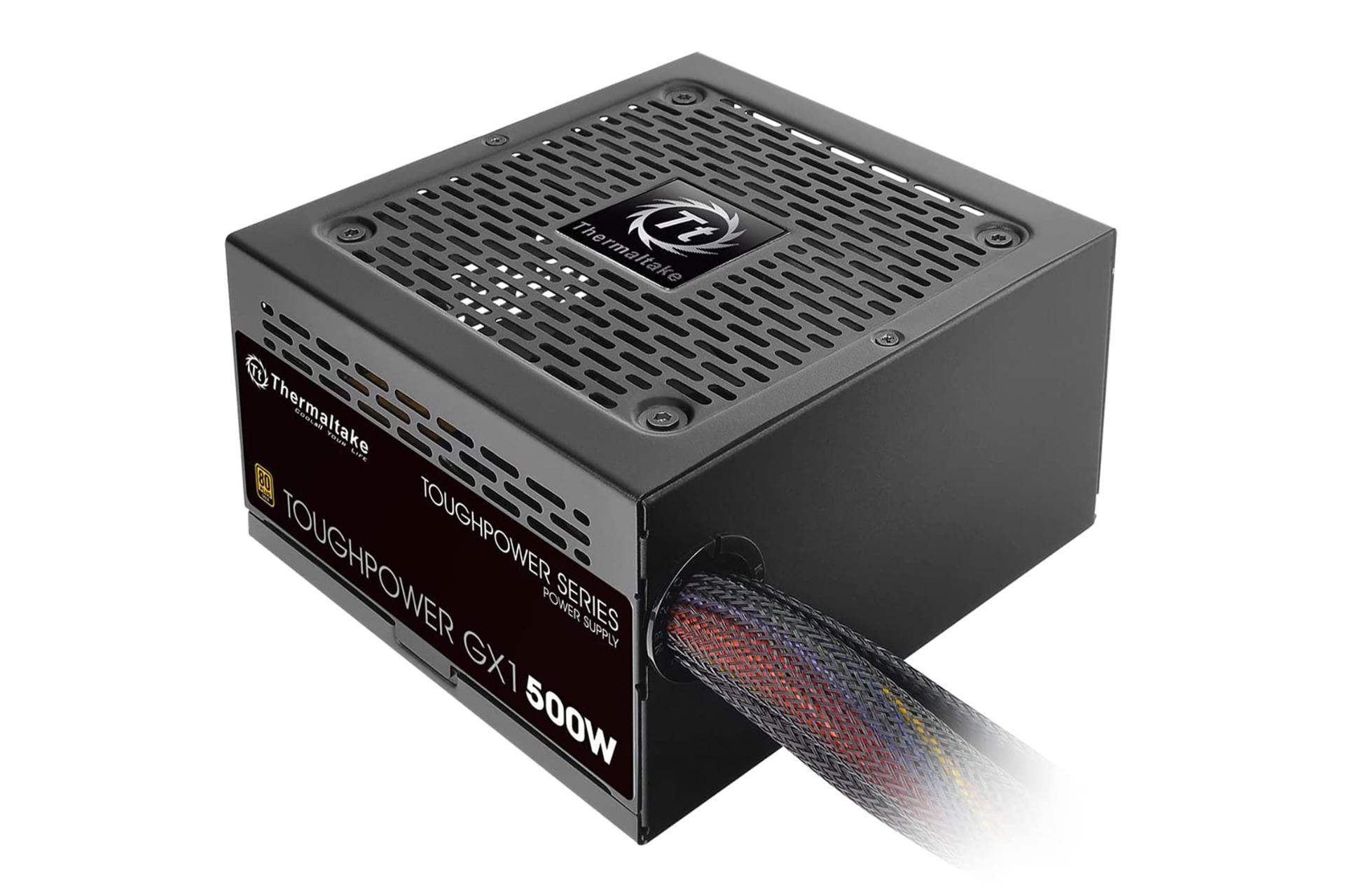 نمای نیمرخ پاور کامپیوتر ترمالتیک Toughpower GX1 با توان 500 وات با نمایش پنل کناری، لوگو و فن