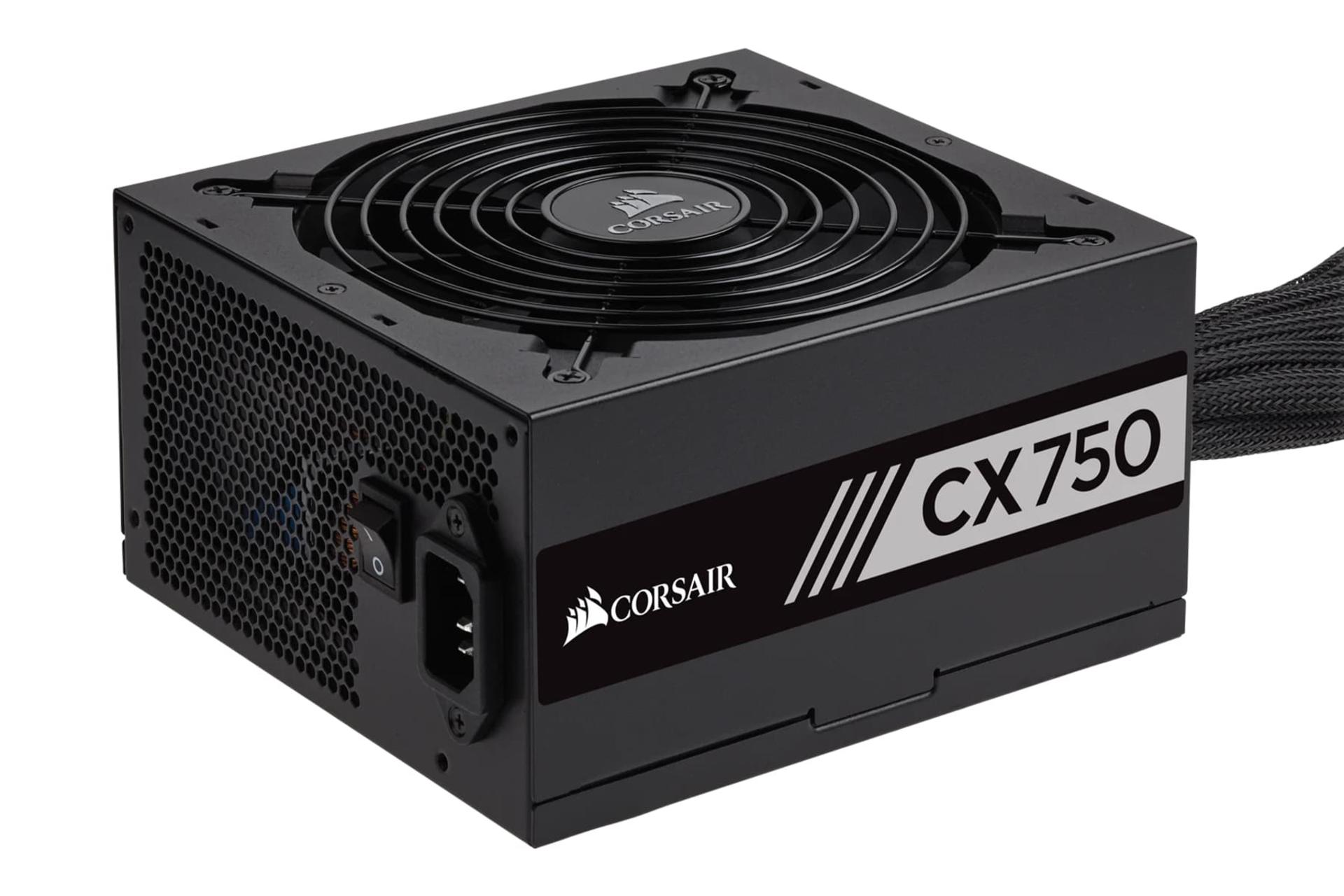 نمای نیمرخ پاور کامپیوتر کورسیر CX750 با توان 750 وات با نمایش پنل پشت و کناری