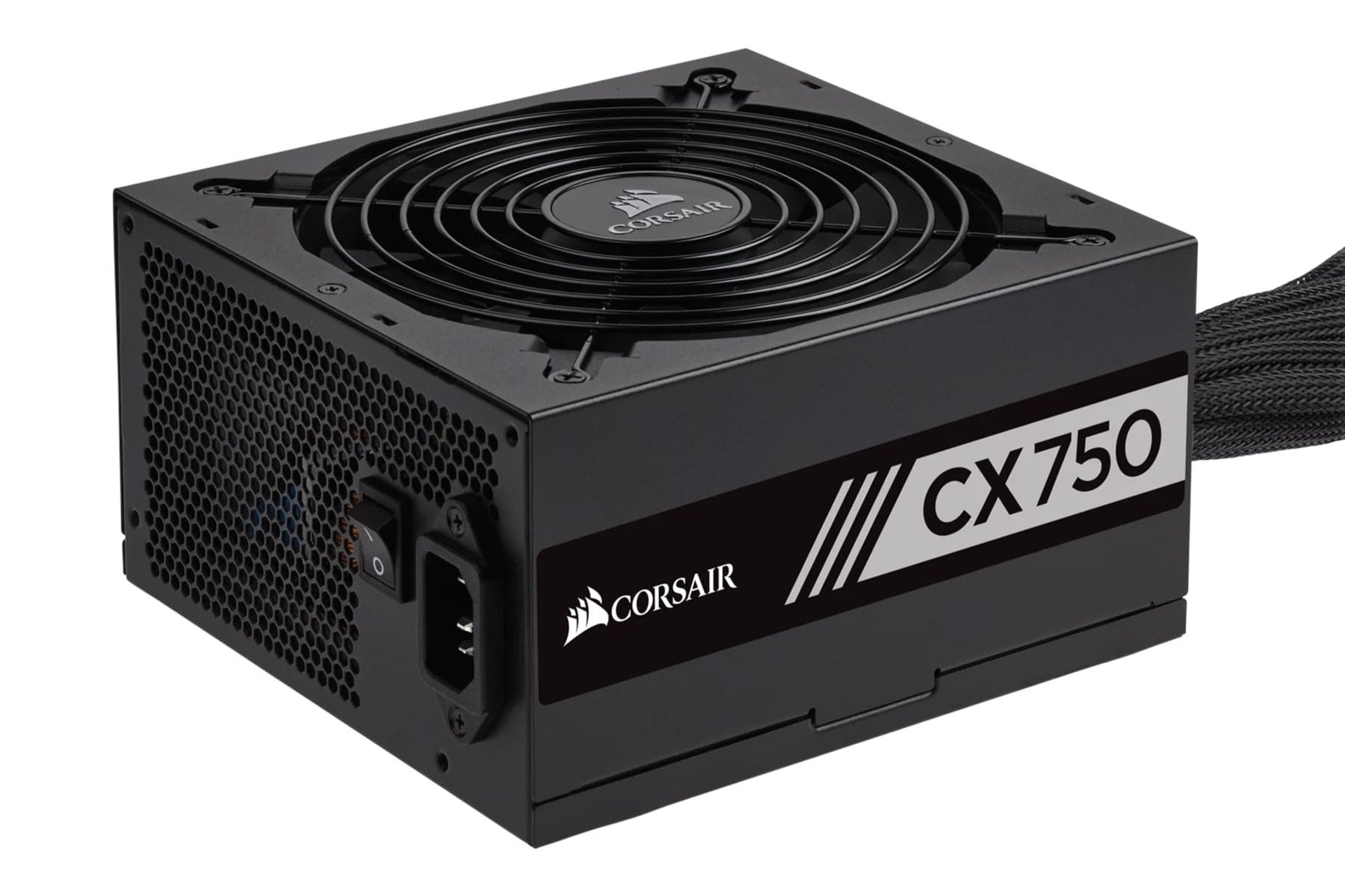 نمای نیمرخ پاور کامپیوتر کورسیر CX750 با توان 750 وات با نمایش پنل پشت و کناری