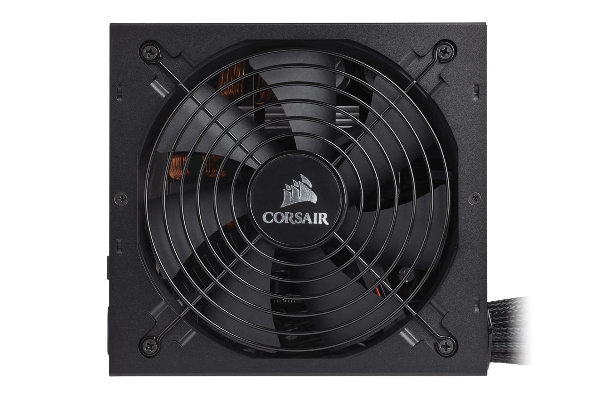 نمای پنل بالای پاور کامپیوتر کورسیر CX750 با توان 750 وات با نمایش فن و لوگو