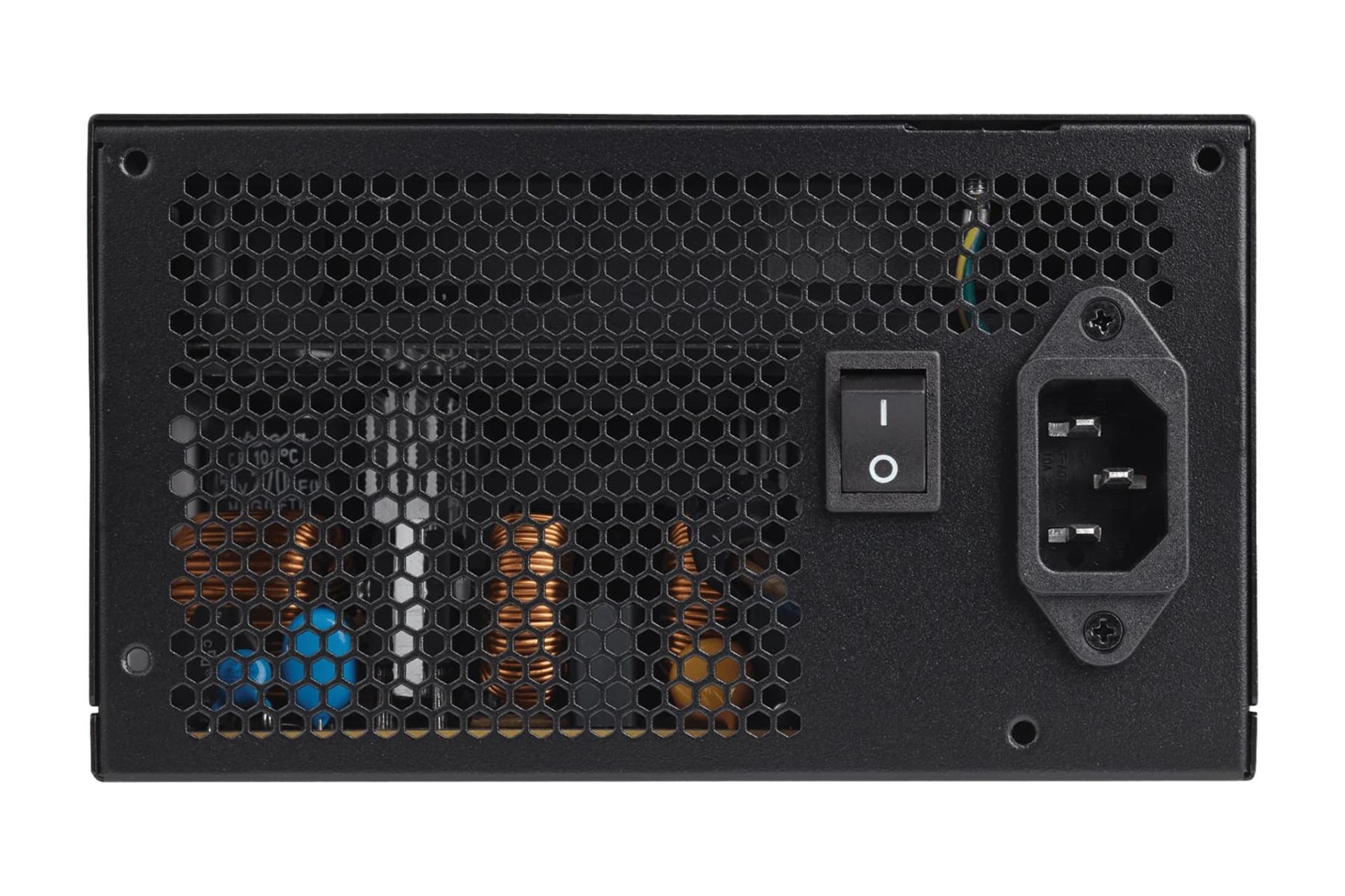 نمای پنل پشت پاور کامپیوتر کورسیر CX750 با توان 750 وات با نمایش درگاه و سوییچ برق