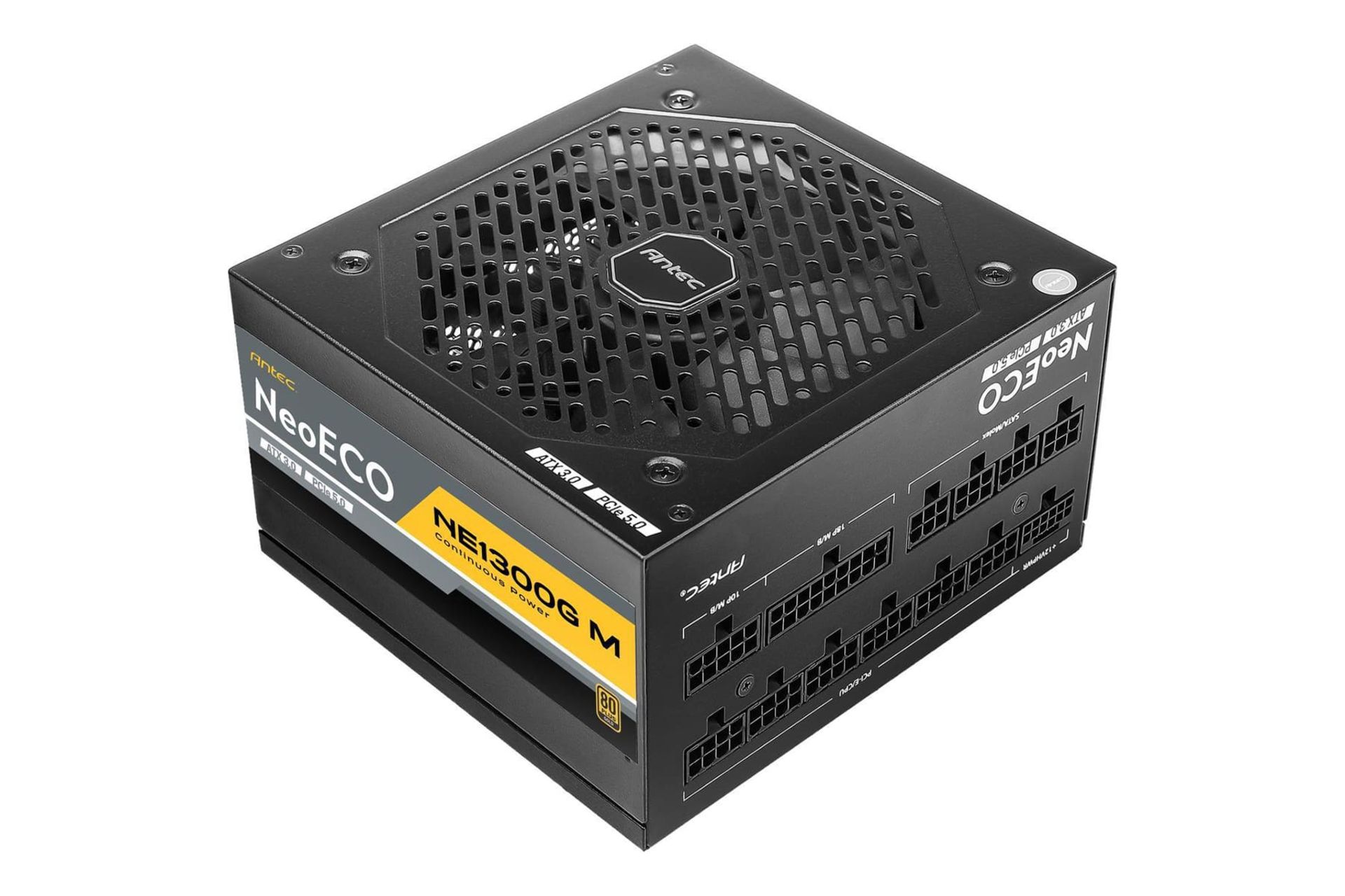 نمای نیمرخ پاور کامپیوتر انتک NE1300G M ATX 3.0 با توان 1300 وات با نمایش پنل کناری، بالای و اتصالات