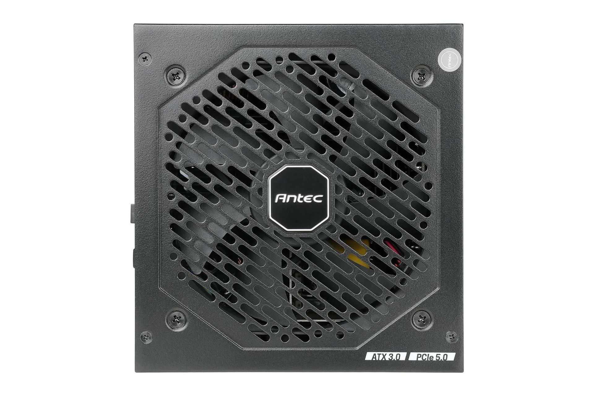 نمای پنل بالای پاور کامپیوتر انتک NE1000G M ATX 3.0 با توان 1000 وات با نمایش فن و لوگو