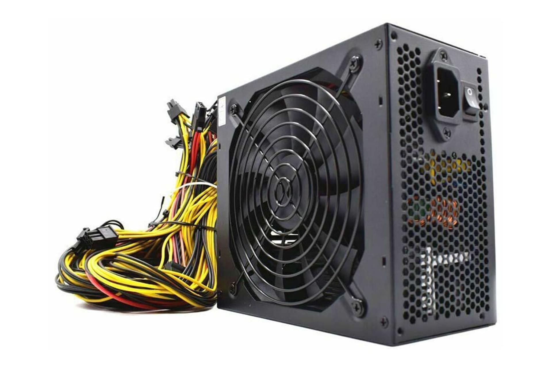 نمای نیمرخ پاور کامپیوتر ای تی ان جی ETH-2000W با توان 2000 وات با نمایش فن و کابل ها