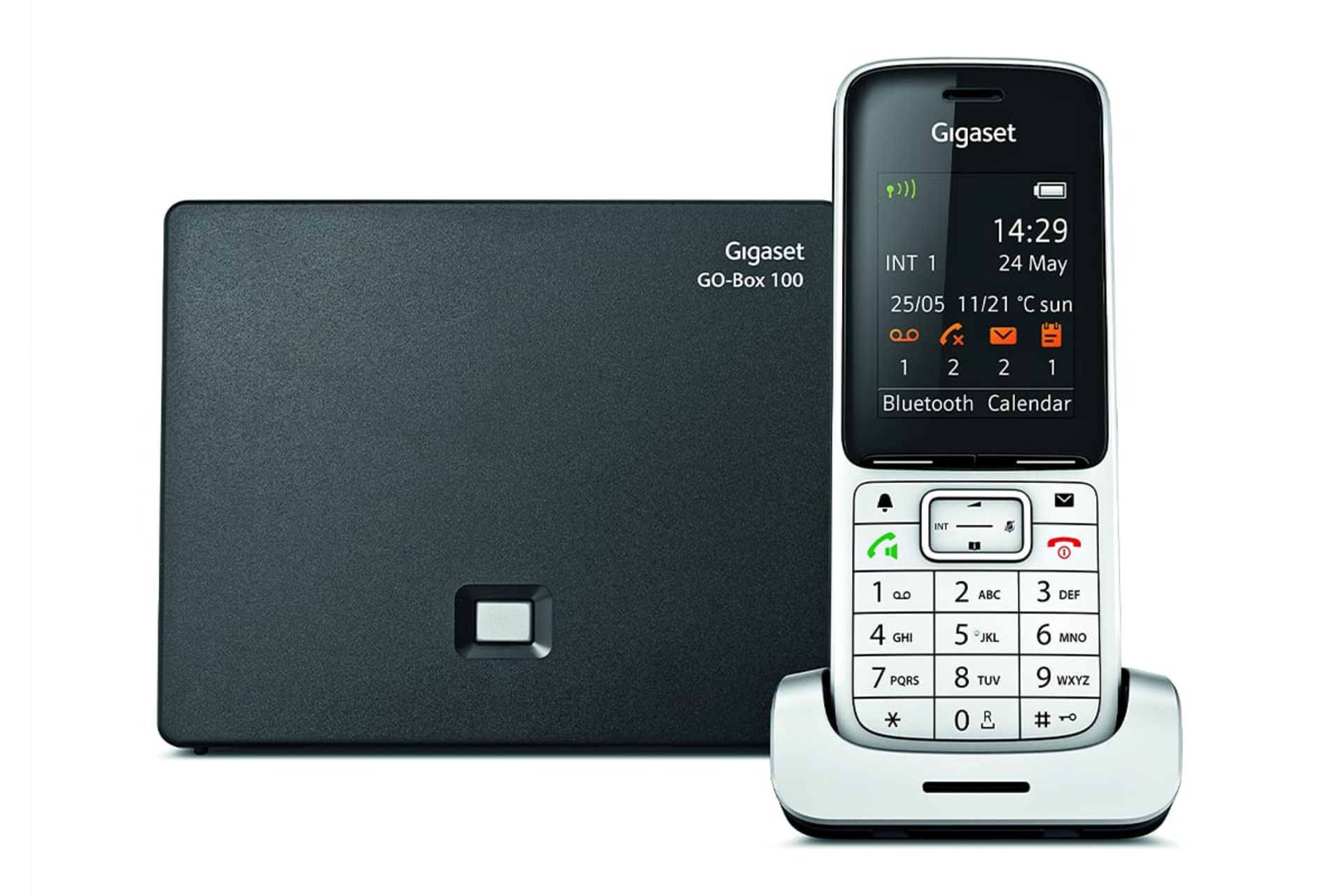 نمای رو به روی تلفن گیگاست SL450A GO با نمایش پایه اصلی، پایه متحرک و گوشی بی سیم