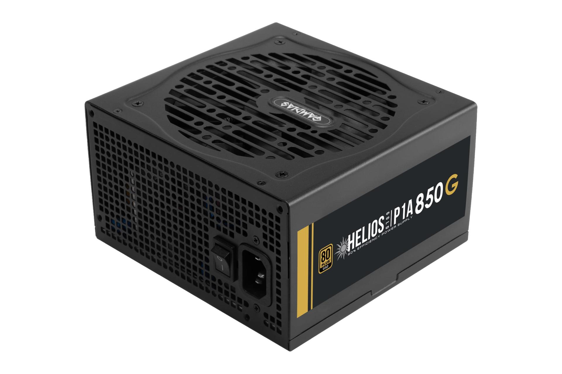 نمای نیمرخ پاور کامپیوتر گیم دیاس HELIOS P1A-850G با توان 850 وات با نمایش فن، پنل پشت و کناری