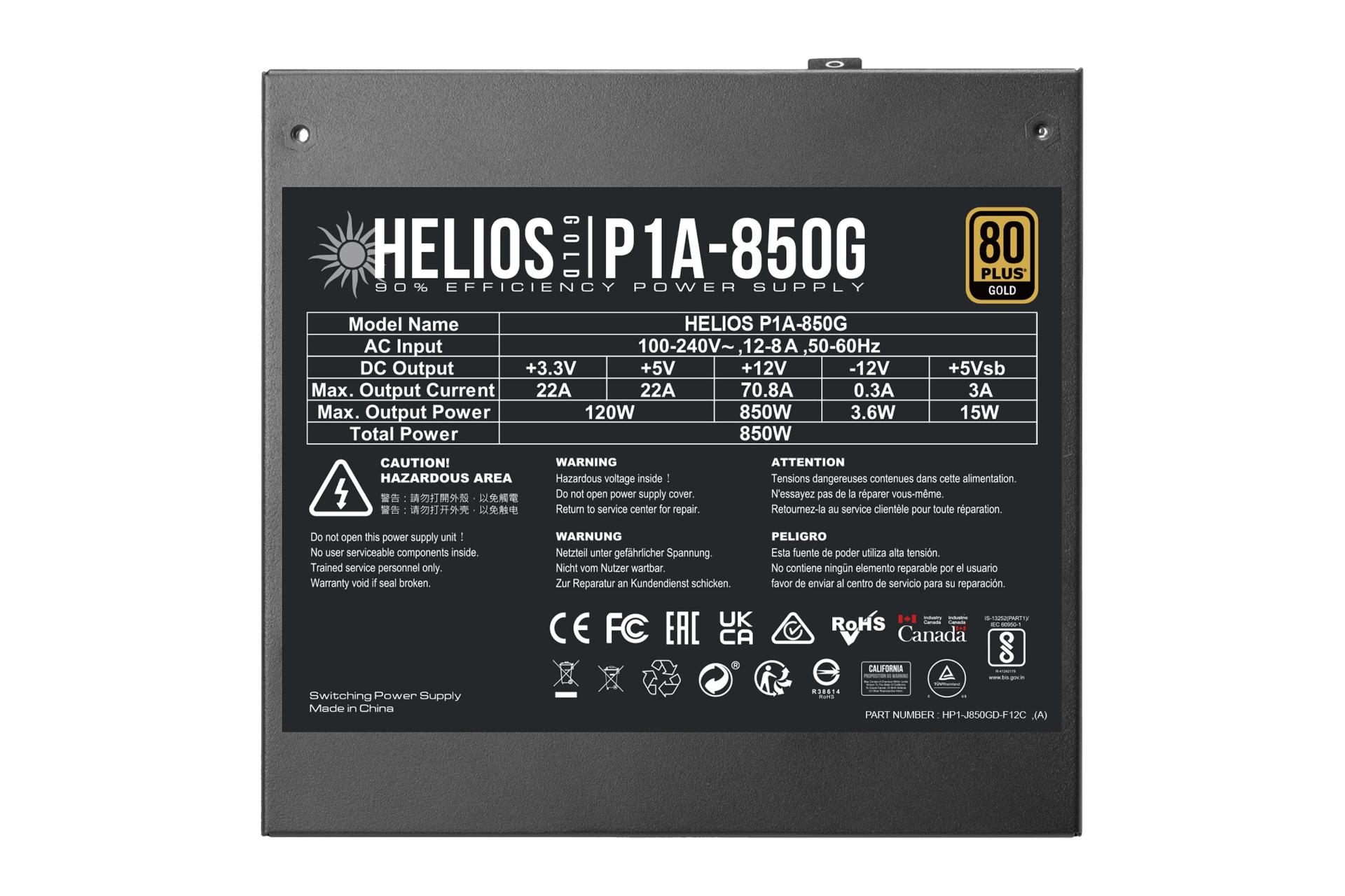 نمای پنل زیر پاور کامپیوتر گیم دیاس HELIOS P1A-850G با توان 850 وات با نمایش برچسب اطلاعات