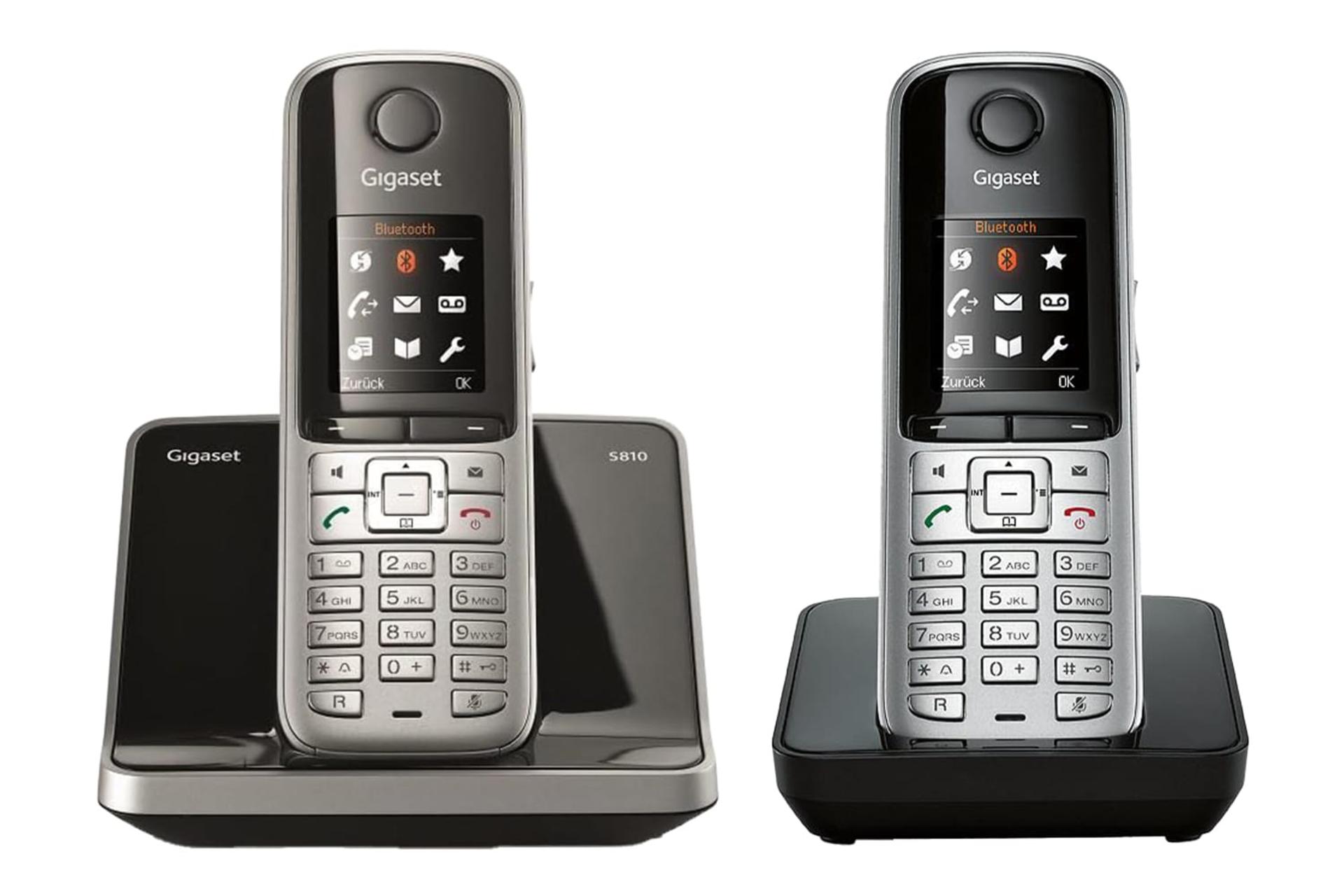 مرجع متخصصين ايران نماي رو به روي تلفن گيگاست S810 Duo با نمايش پايه اصلي، پايه متحرك و موبايل هاي بي سيم