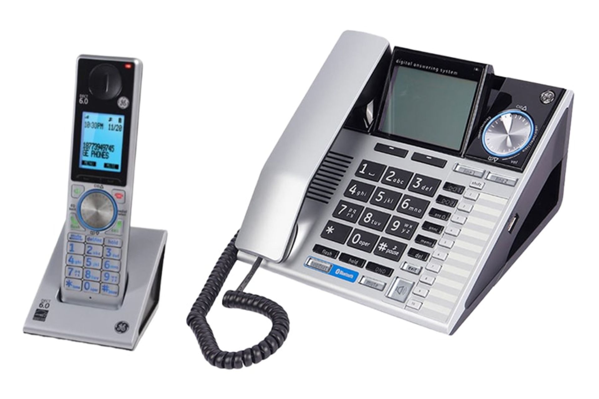 نمای نیمرخ تلفن جنرال الکتریک 30784EE2 با نمایش پایه اصلی و گوشی بی سیم