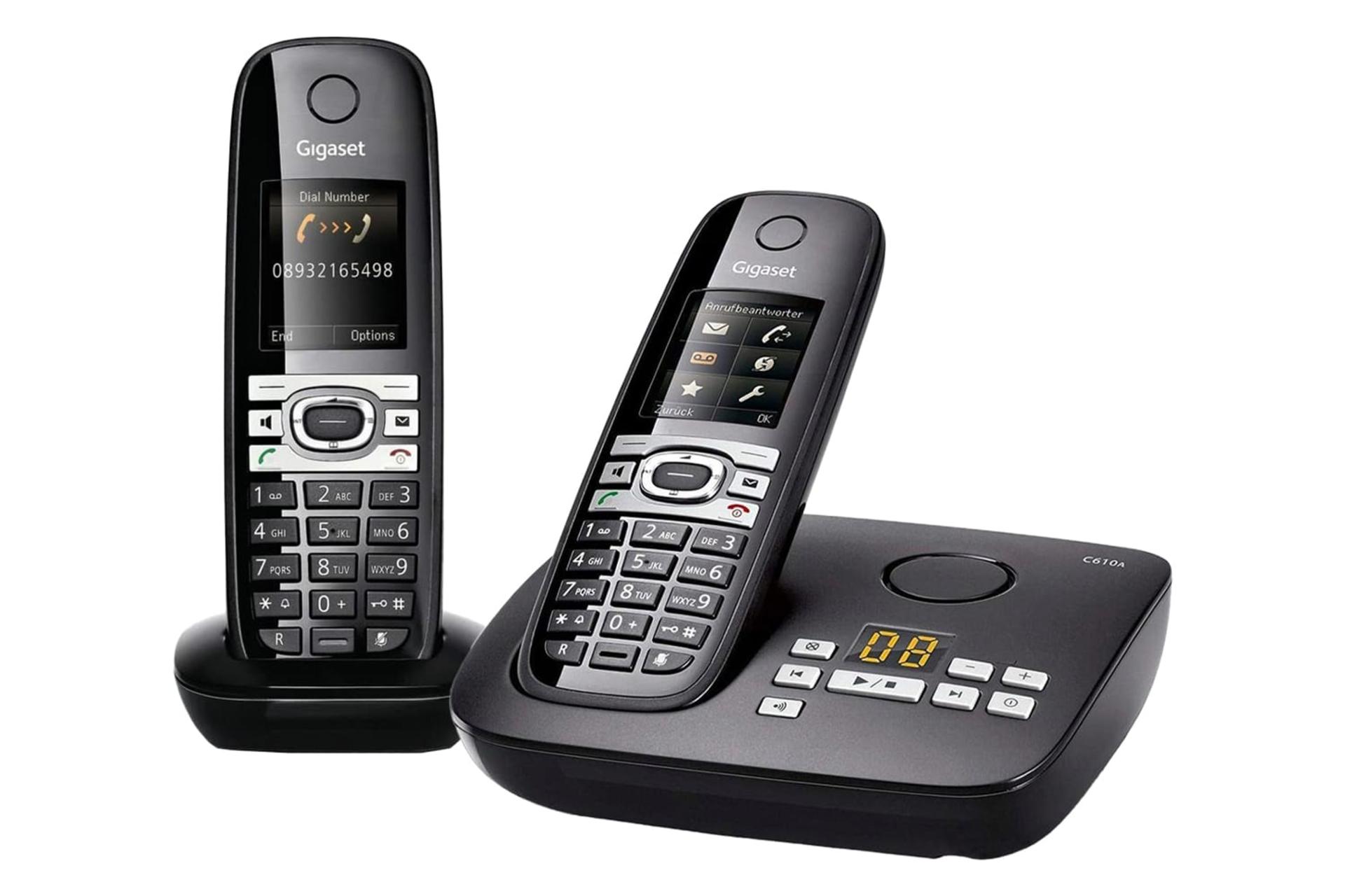 نمای کلی تلفن گیگاست C610A Duo با نمایش پایه اصلی، پایه متحرک و گوشی بی سیم