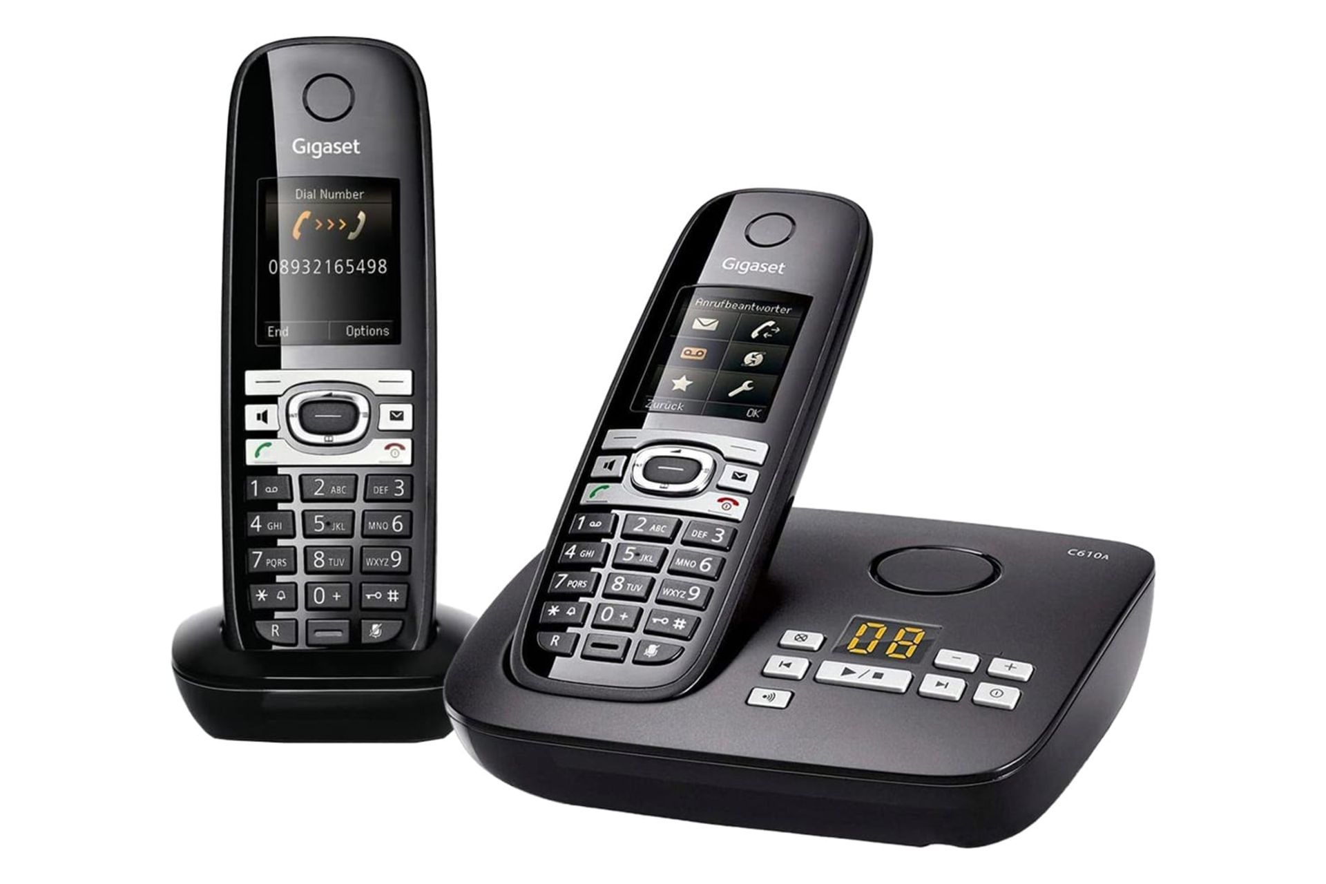 نمای کلی تلفن گیگاست C610A Duo با نمایش پایه اصلی، پایه متحرک و گوشی بی سیم