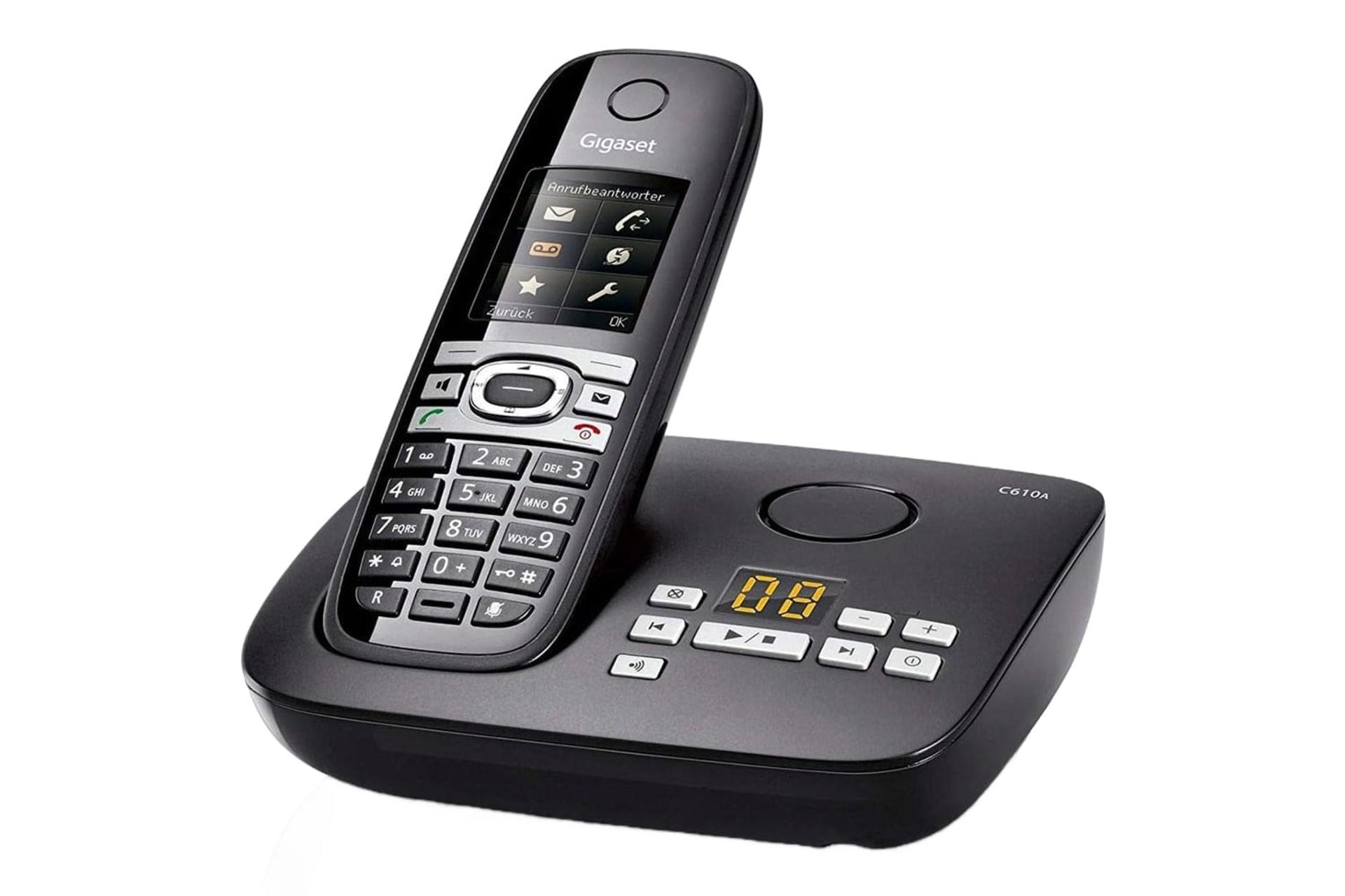 نمای نیمرخ تلفن گیگاست C610A Duo با نمایش پایه اصلی و گوشی بی سیم