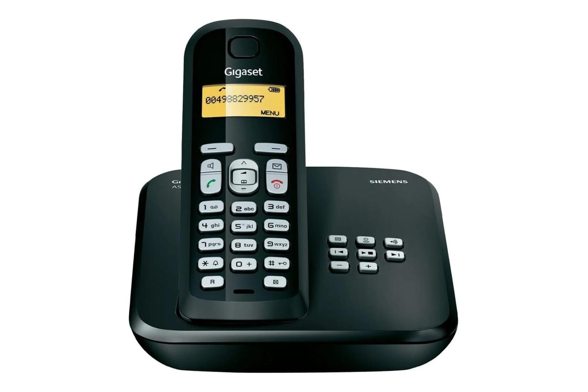 نمای رو به روی تلفن گیگاست AS200A با نمایش پایه اصلی و گوشی بی سیم