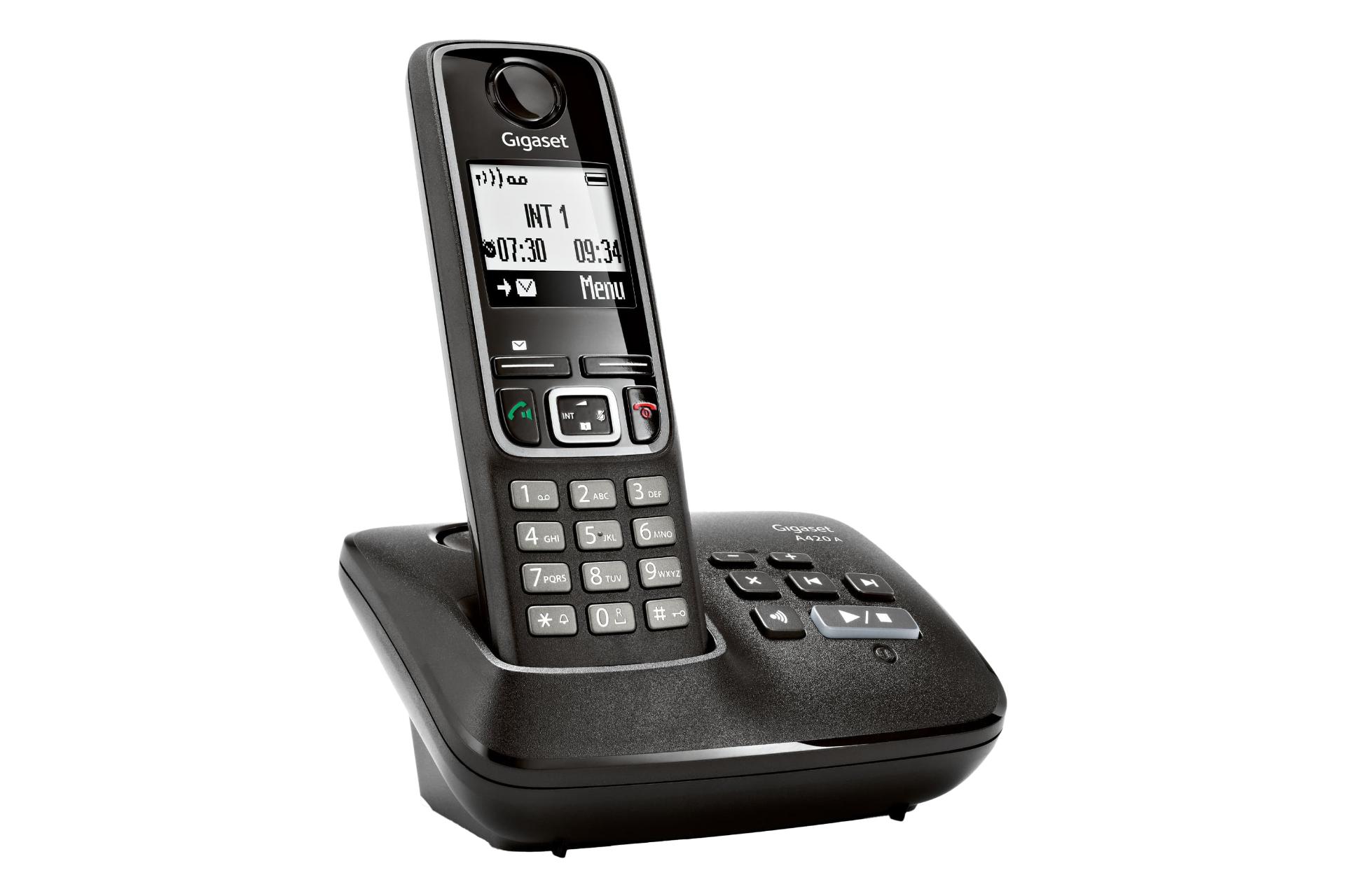 نمای نیمرخ تلفن گیگاست A420A با نمایش لبه سمت چپ پایه اصلی و گوشی بی سیم